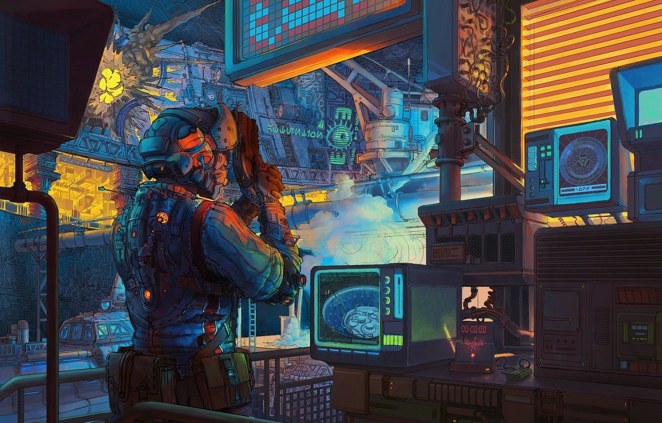 Laboratorio scifi retro con monitor, 1332x850 720p, PC
