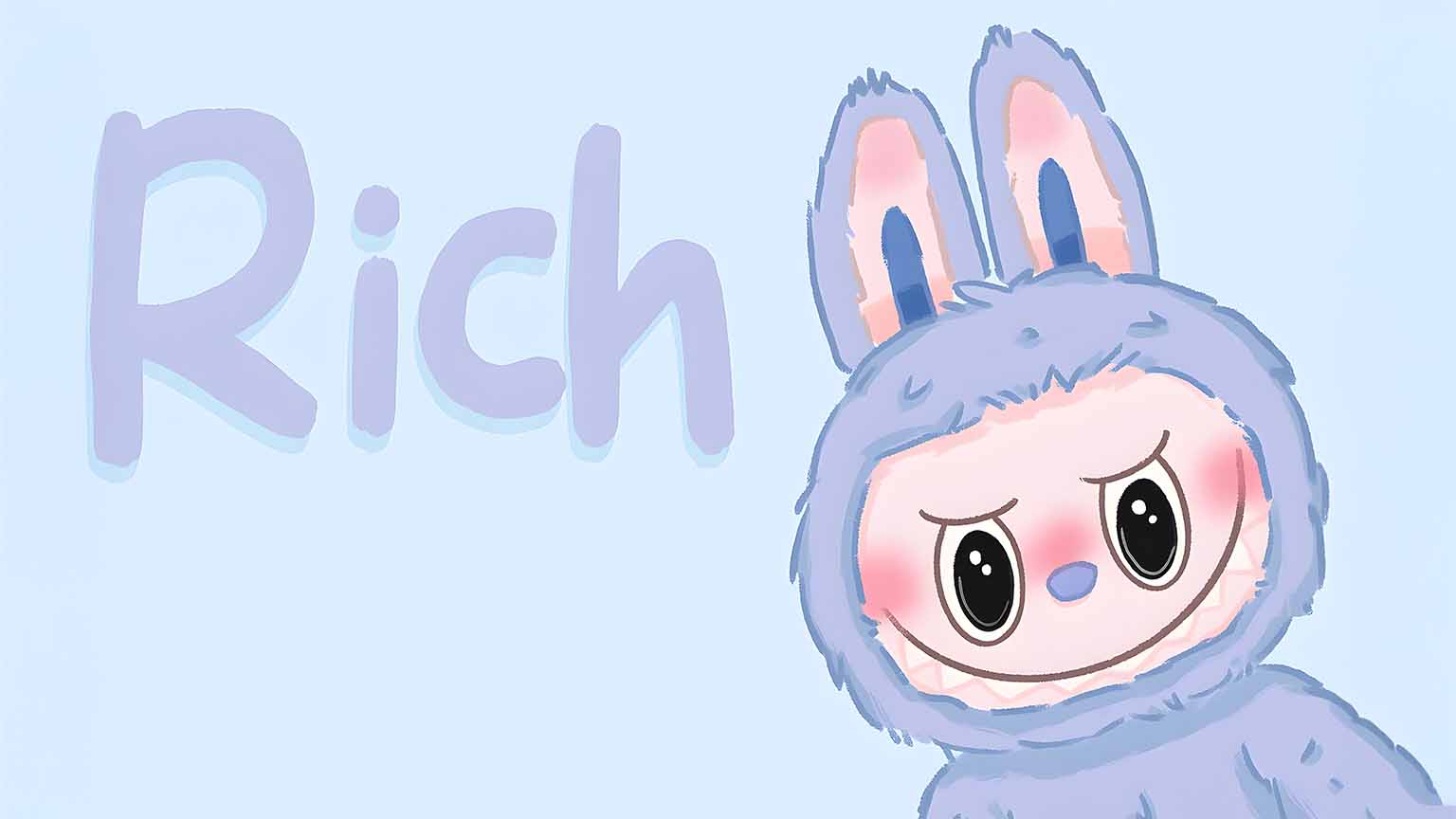 Labubu coniglio viola scritta Rich, 1536x864 720p, PC