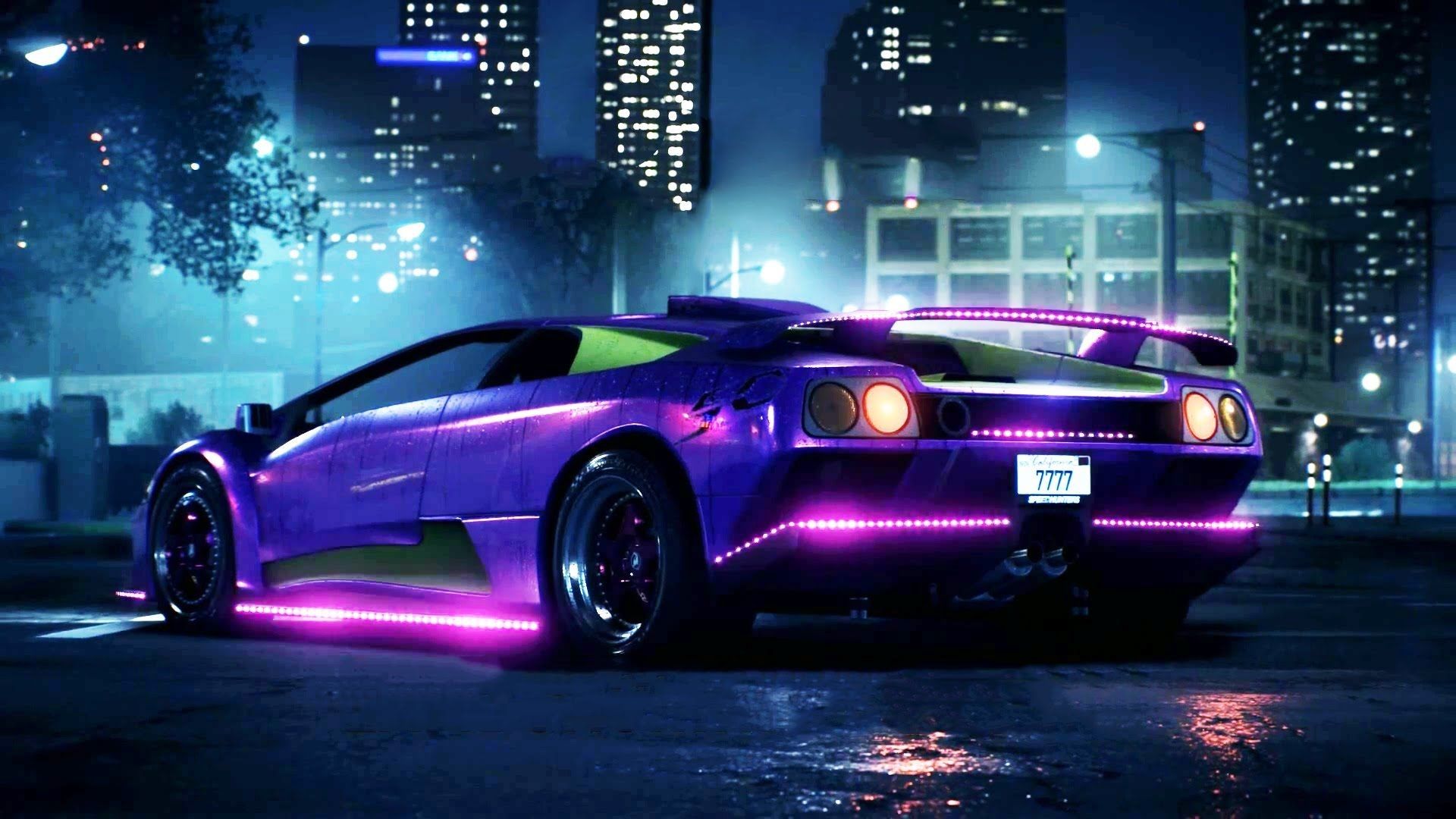 Lamborghini viola neon città, 1920x1080 1080p, Laptop