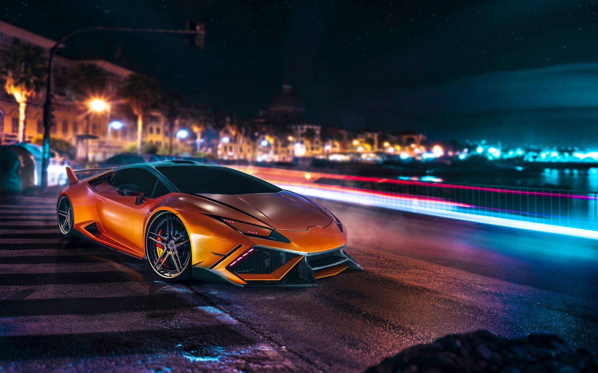 Lamborghini Huracan arancione notte citta, supercar italiana, 1920x1200 WUXGA, Desktop
