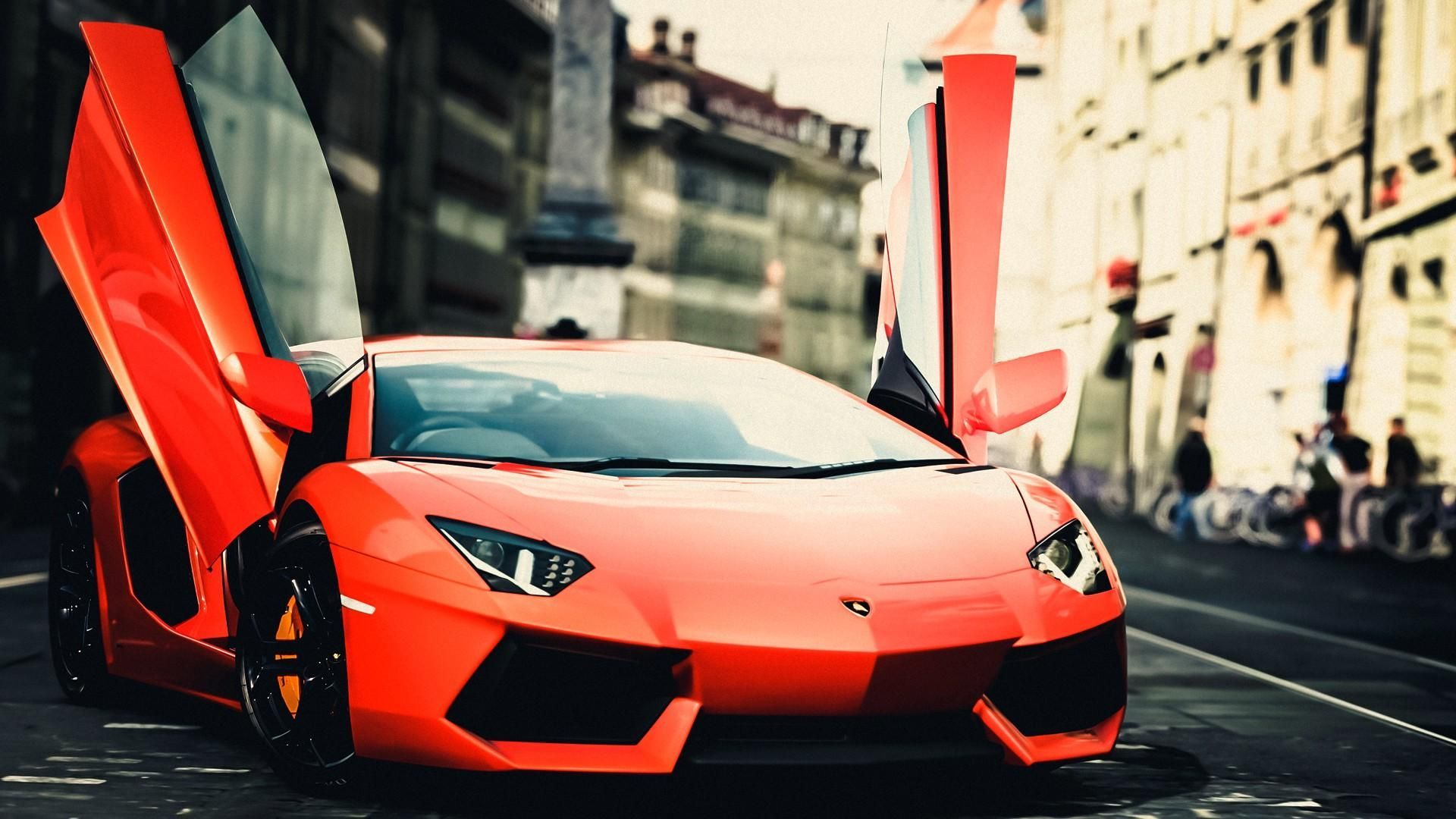 Lamborghini Aventador rossa portiere aperte citta, 1920x1080 Full HD 1080p, Desktop