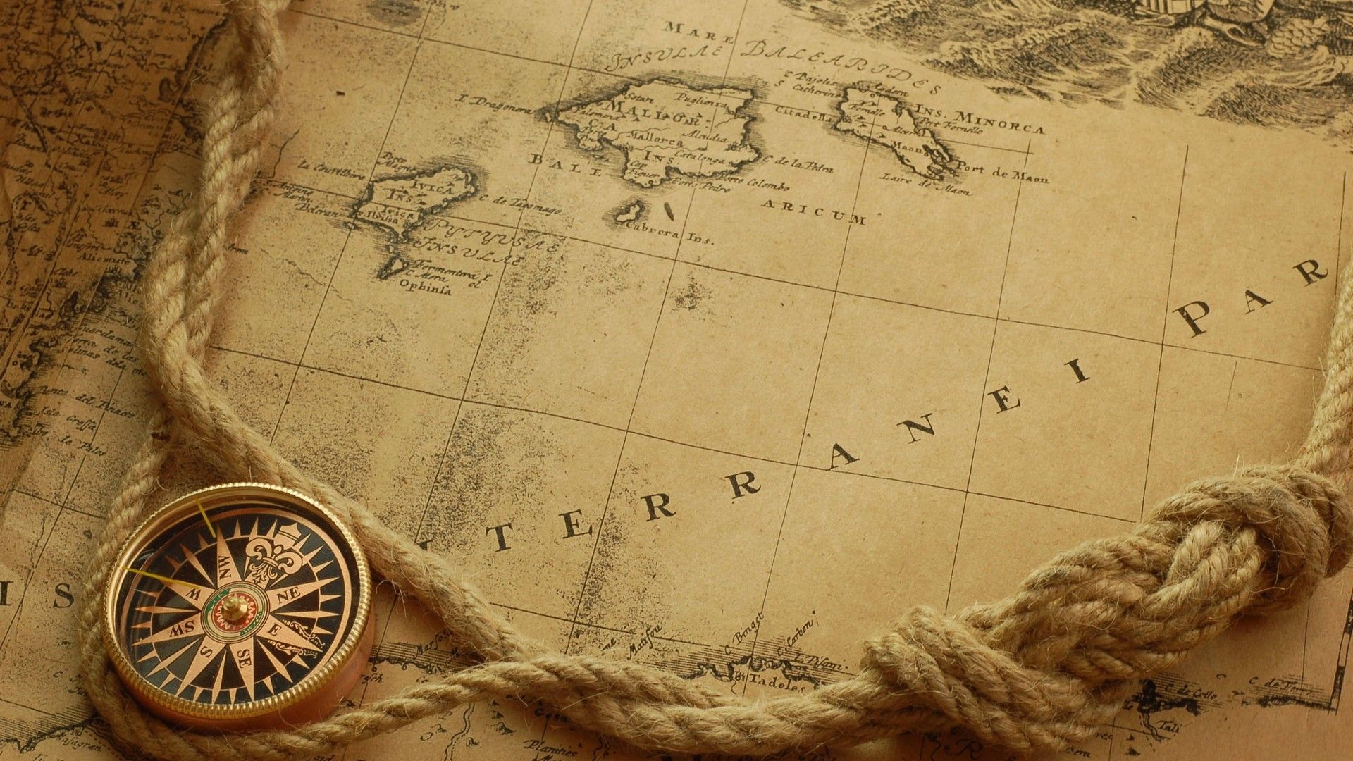 Mappa antica con bussola e corda, 1920x1080 1080p, Laptop