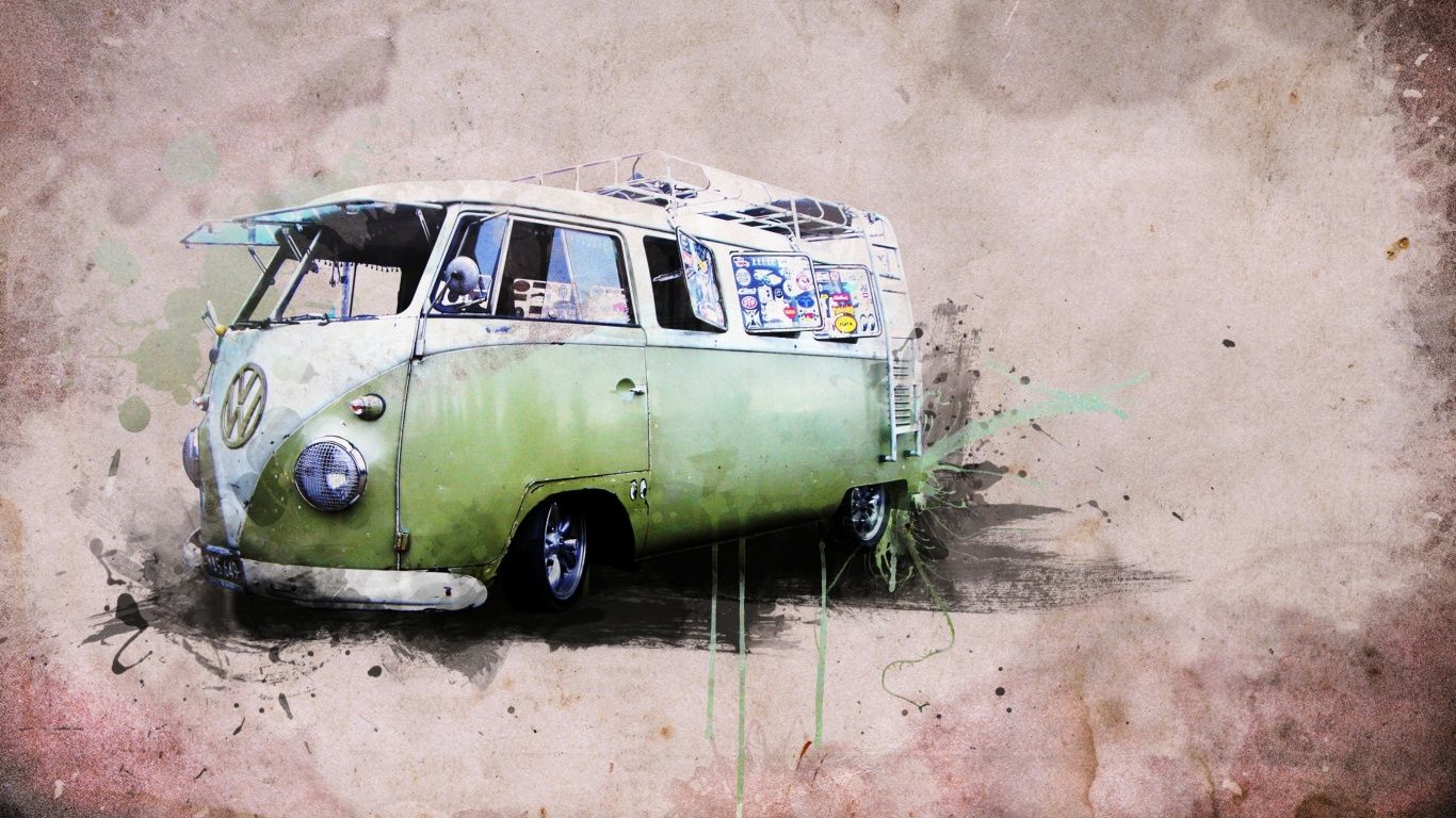 Furgone Volkswagen vintage illustrato, 1366x768 720p, Ultrabook