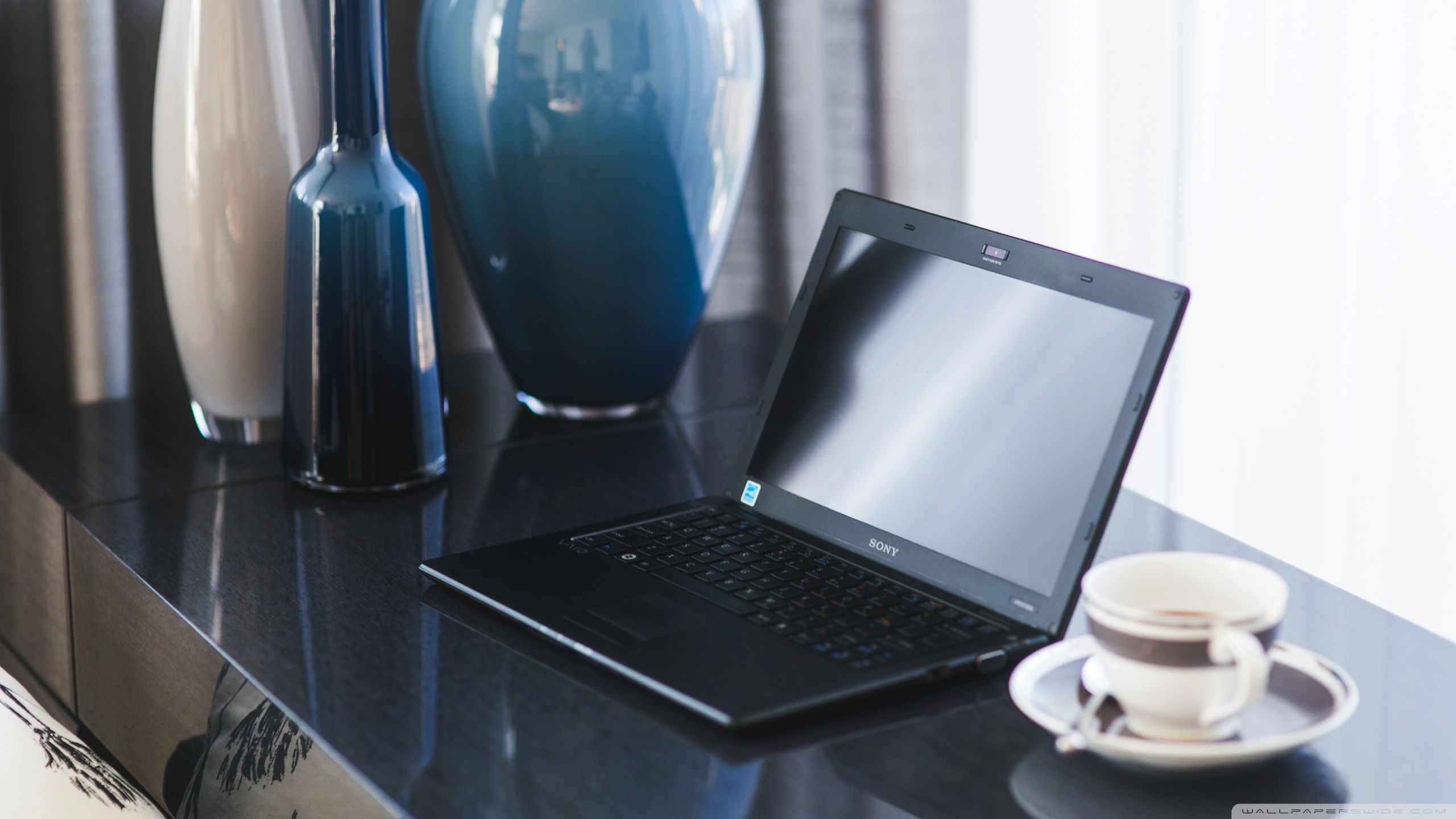 Laptop scrivania con vasi blu, 2560x1440 QHD, ROG Asus Laptop