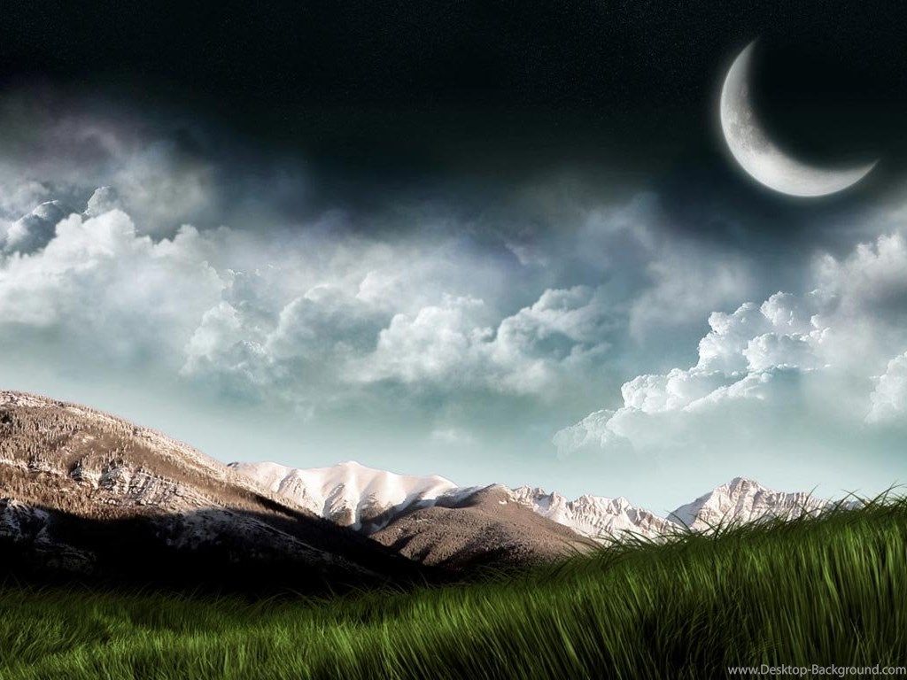 Montagne notturne con luna crescente, 1024x768 HD, HP Laptop