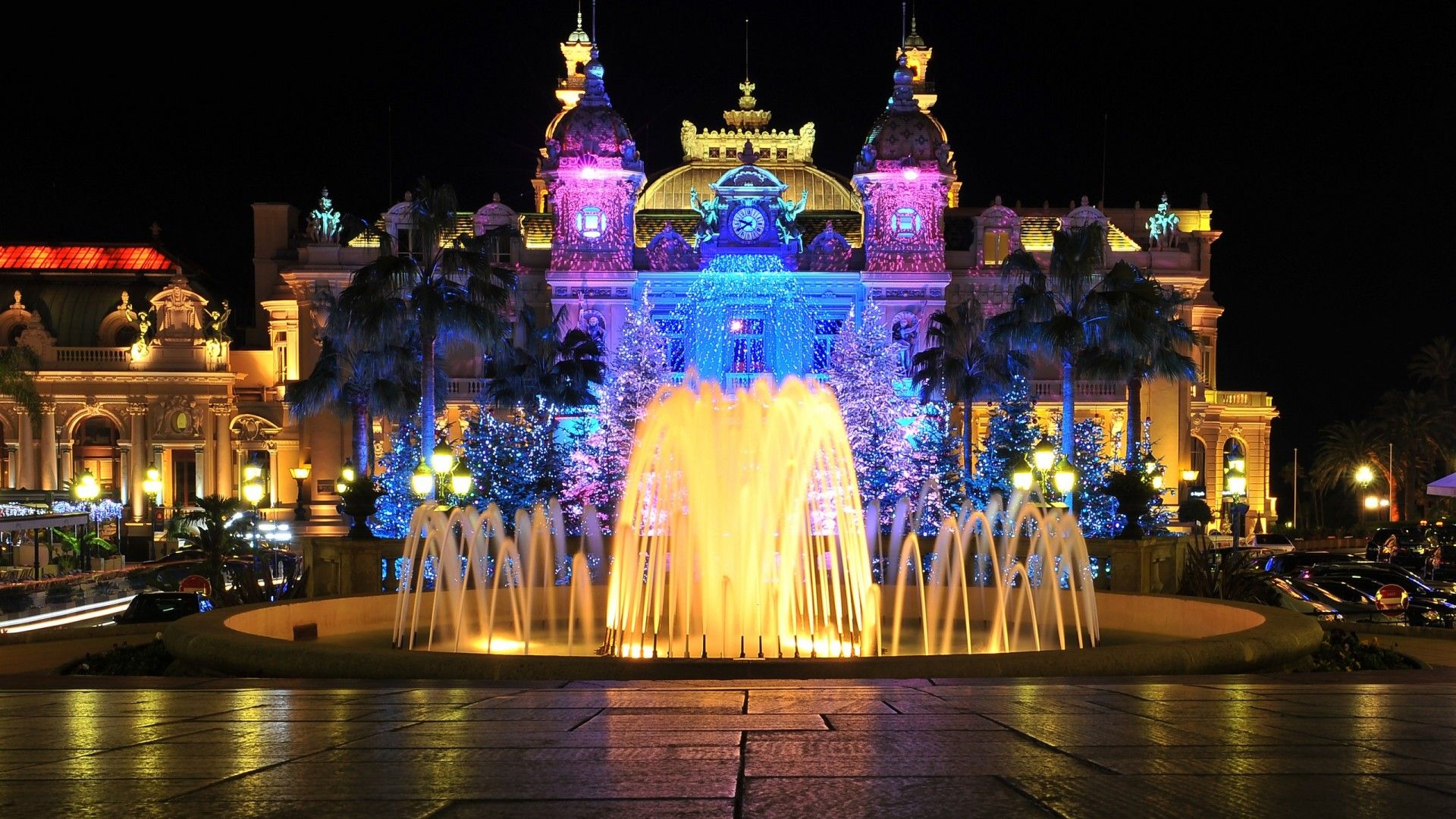 Casinò illuminato con fontana notturna, 1920x1080 Full HD 1080p, PC