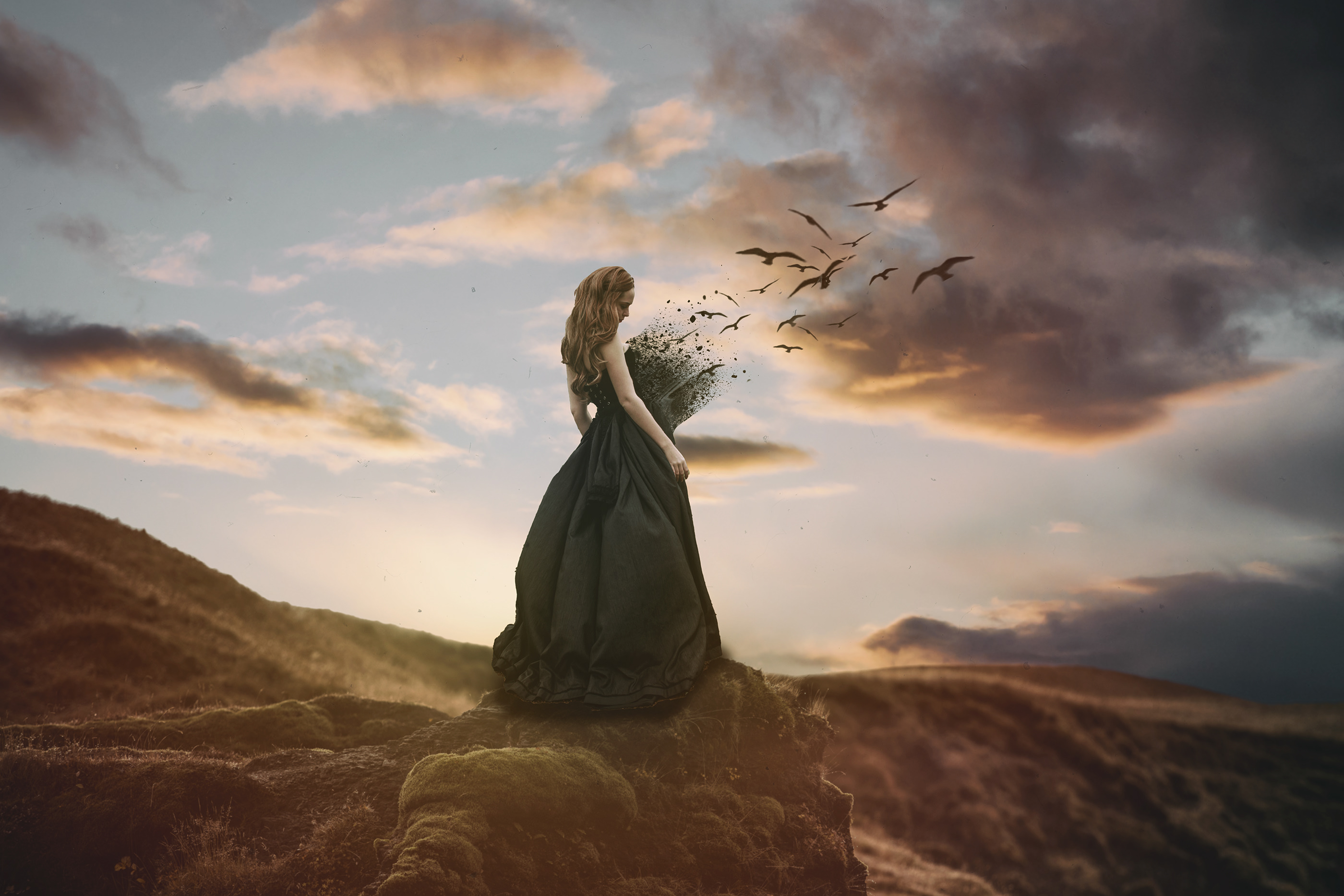 Donna con uccelli al tramonto, 2800x1867 2K+, PC