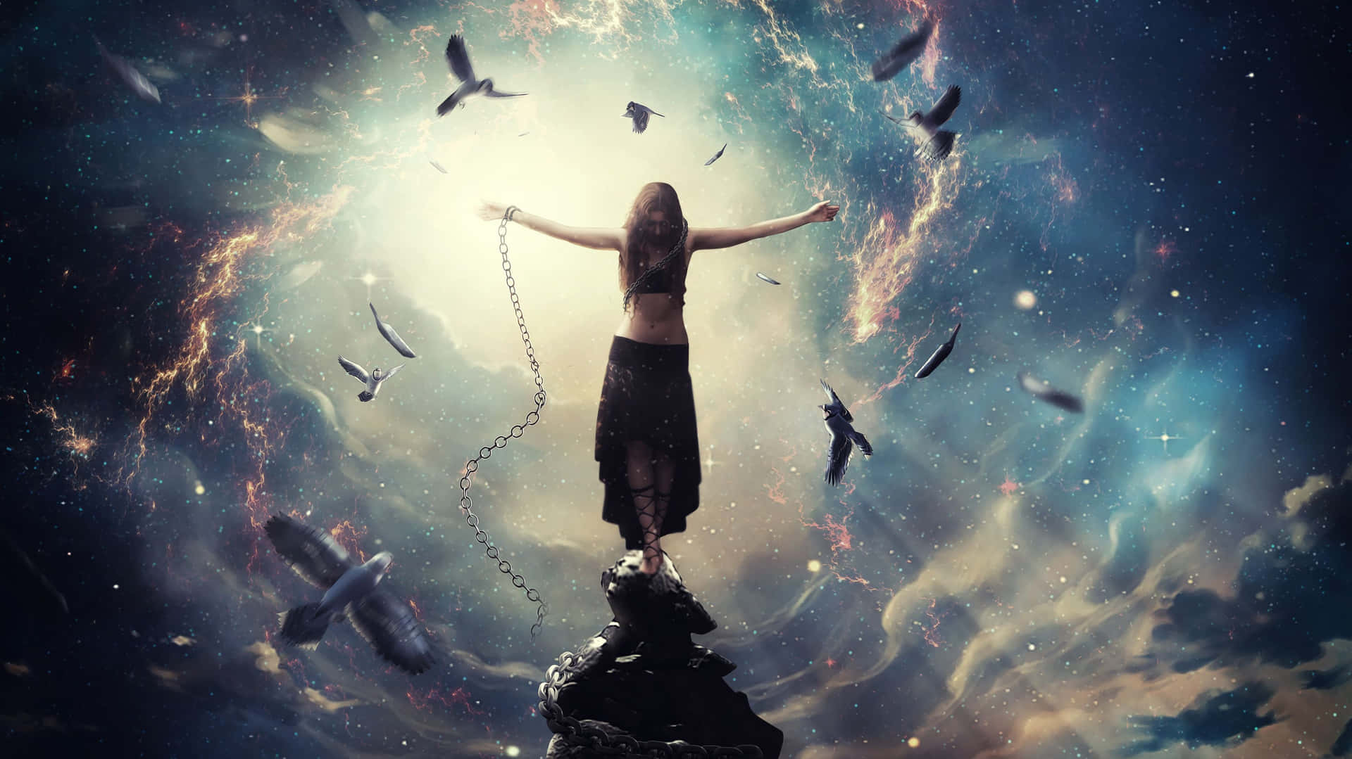 Donna catene spezzate cielo cosmico, 1920x1079 Full HD, Laptop