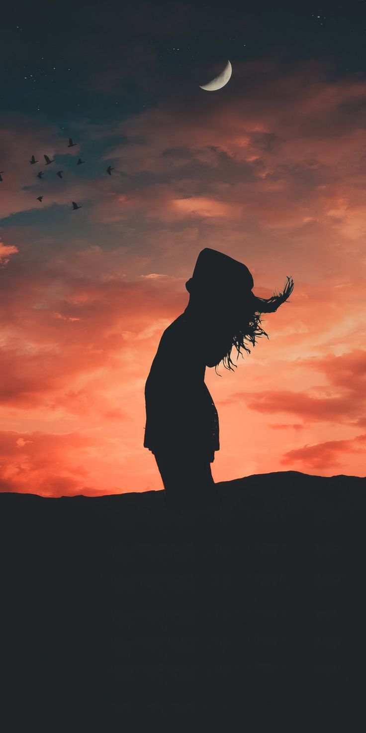 Silhouette ragazza tramonto libertà, 736x1472 Verticale, Telefono