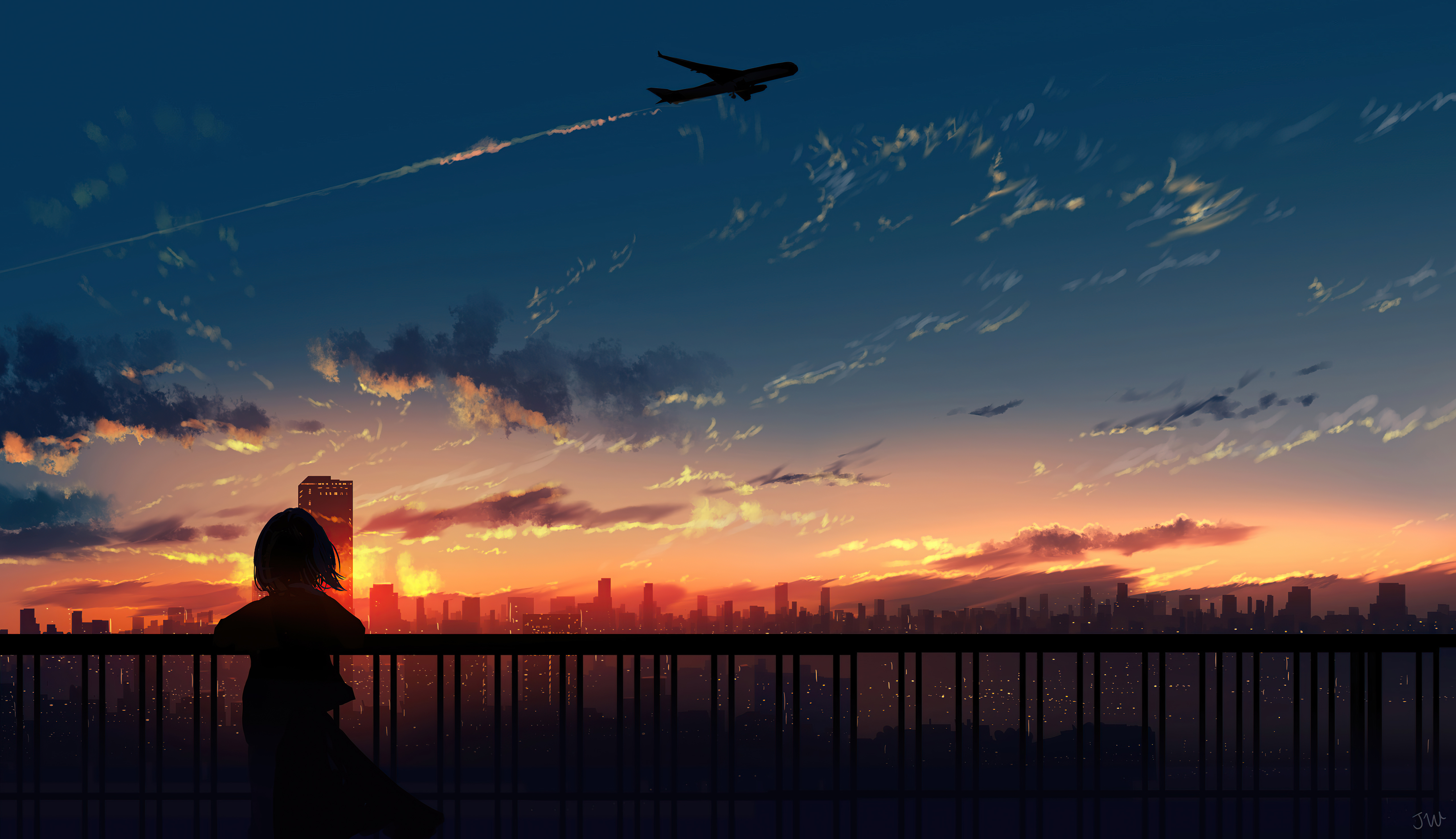 Silhouette persona tramonto città aereo, 5120x2951 UHD, Monitor 4K