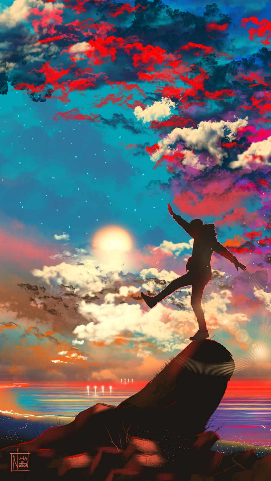 Silhouette su roccia, cielo colorato, 900x1600 Verticale, Android