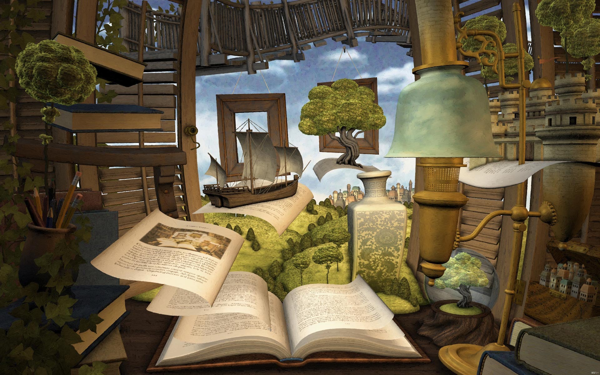 Libro aperto con paesaggio fantastico, 1920x1200 Full HD+, PC