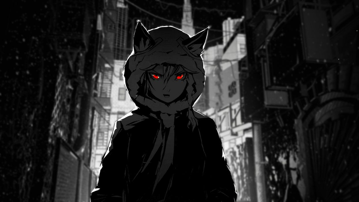 Neko lupo occhi rossi città, 1244x700 HD, Desktop