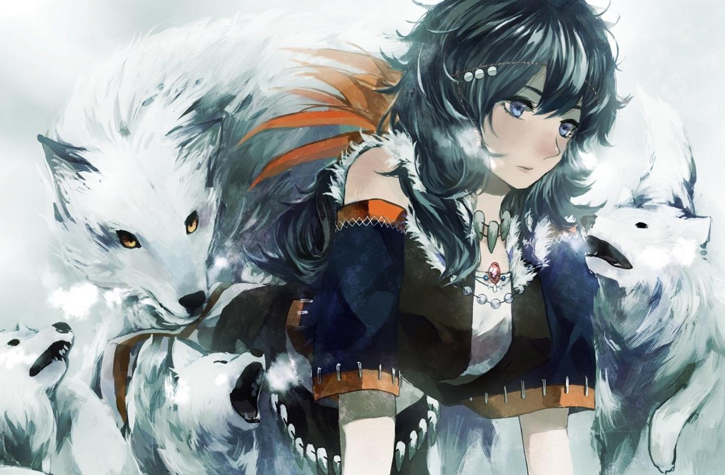 Ragazza anime con lupi bianchi, 1440x943 HD, Desktop