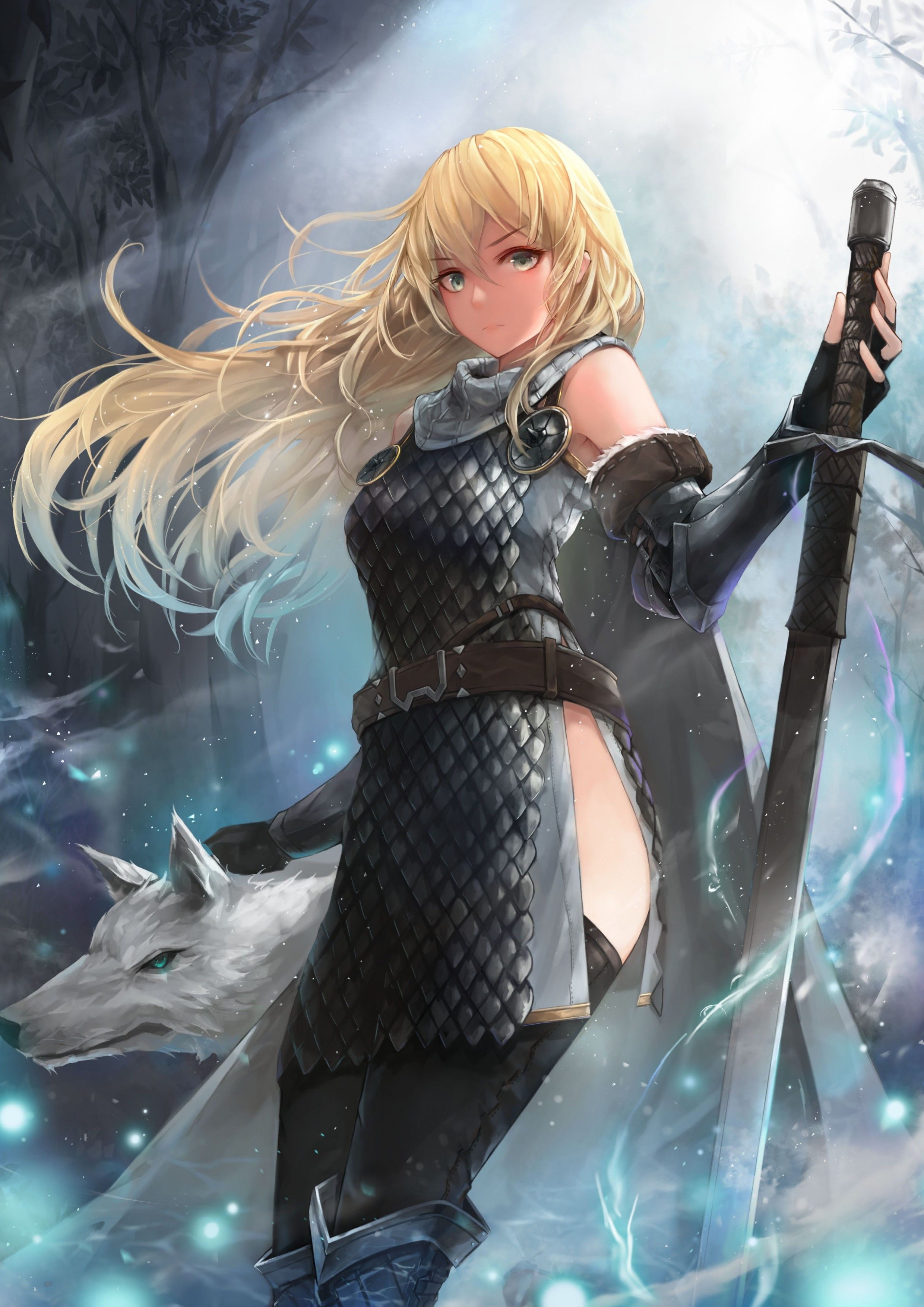 Ragazza anime bionda con lupo bianco, 2480x3507 Verticale, Mobile