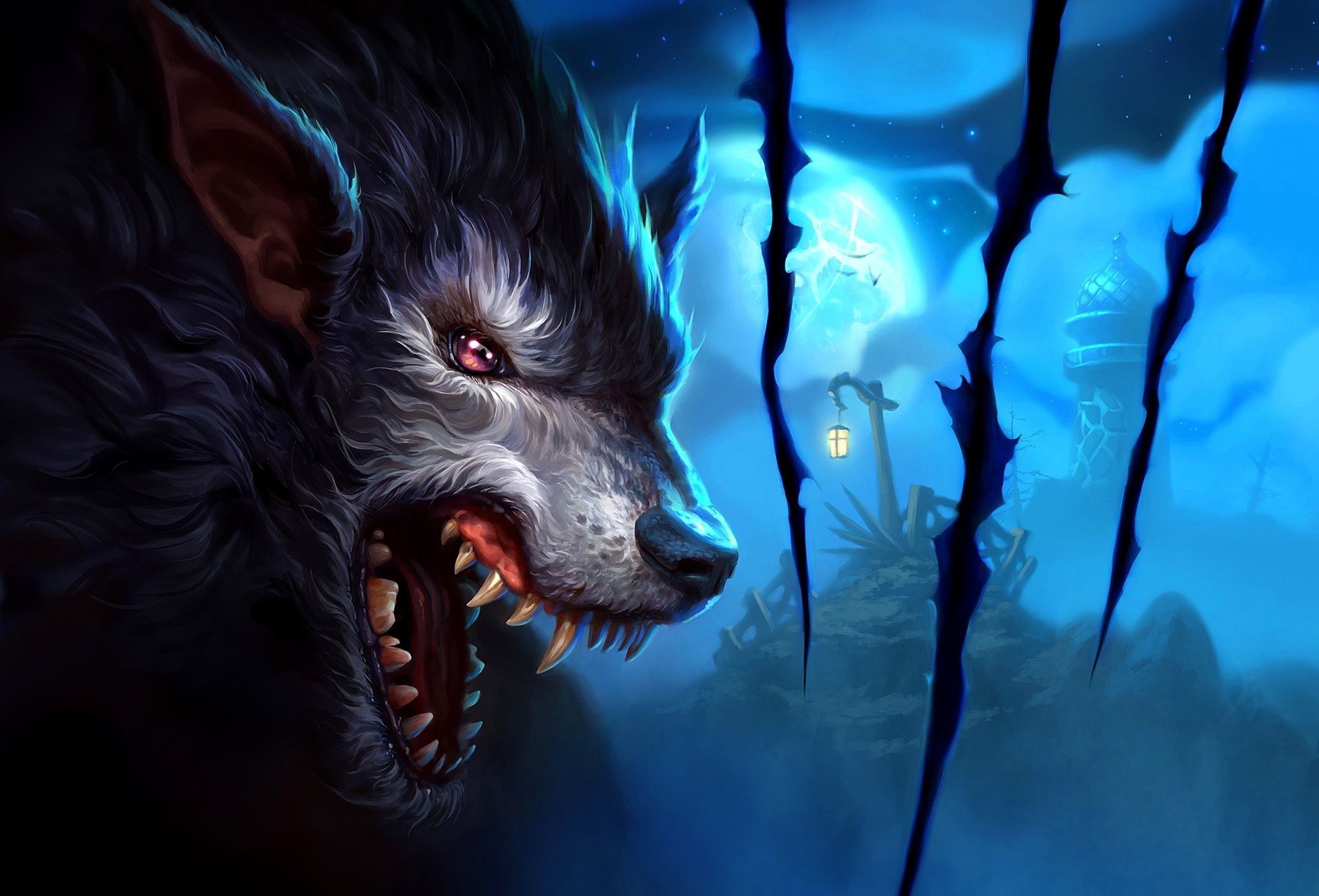 Lupo anime ringhiante blu, 2000x1358 2K, Desktop