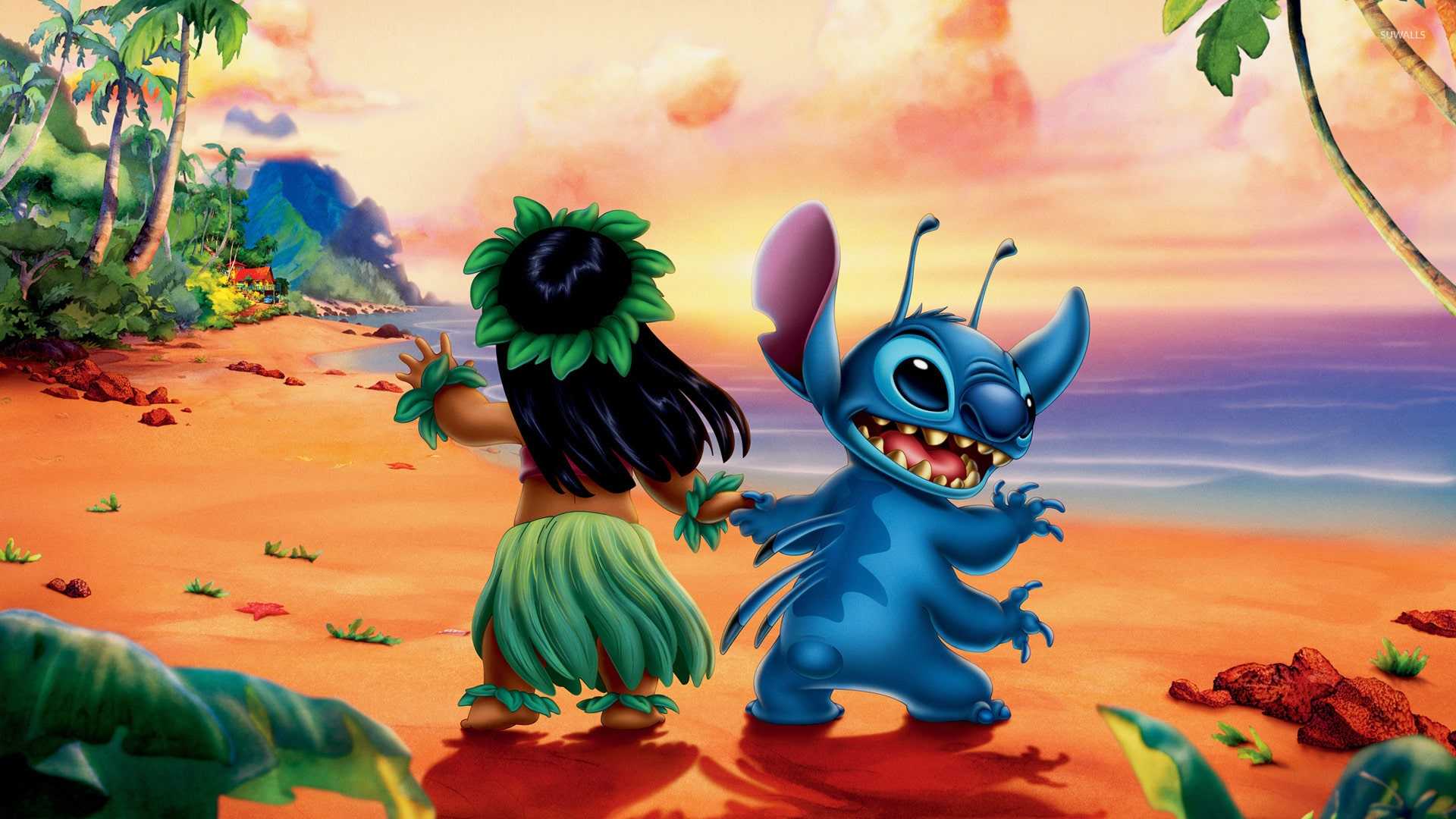 Stitch e Lilo ballano spiaggia tramonto, 1920x1080 Full HD, PC