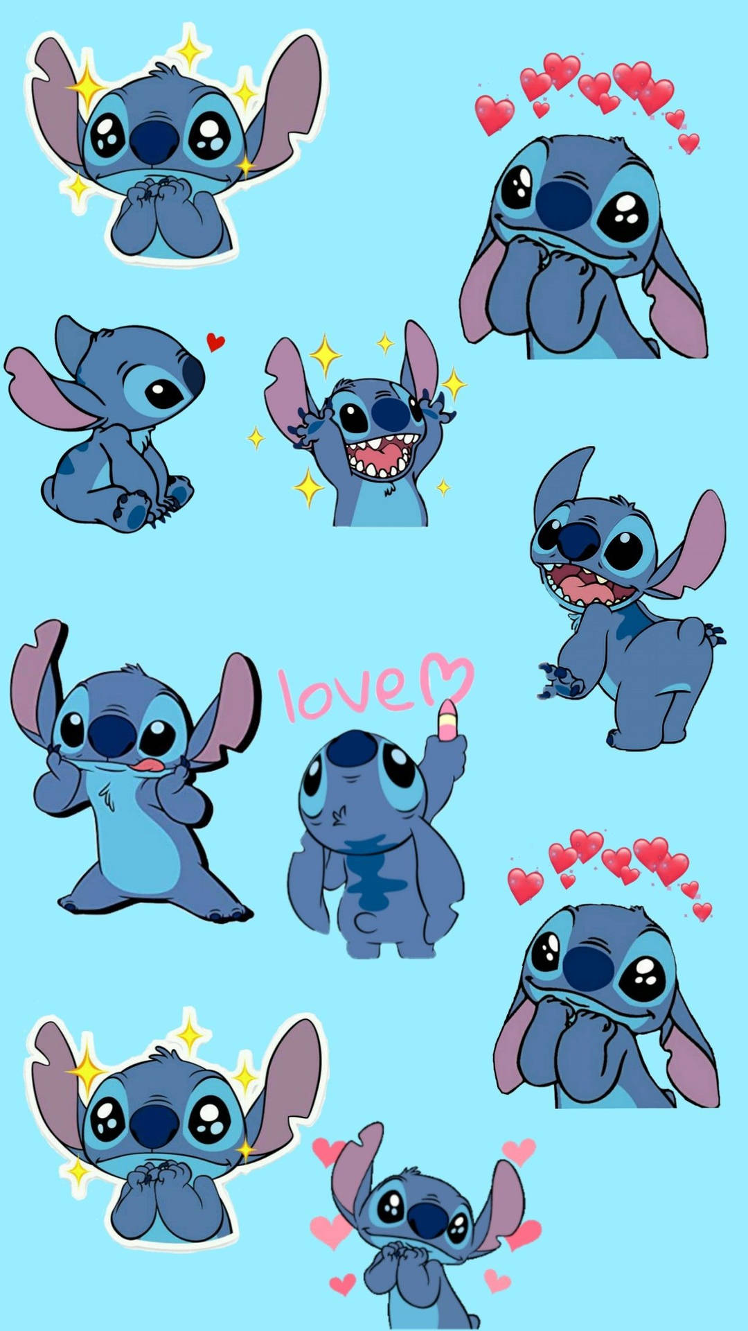 Stitch emoticon cuori sfondo azzurro, 1080x1920 Verticale, Mobile