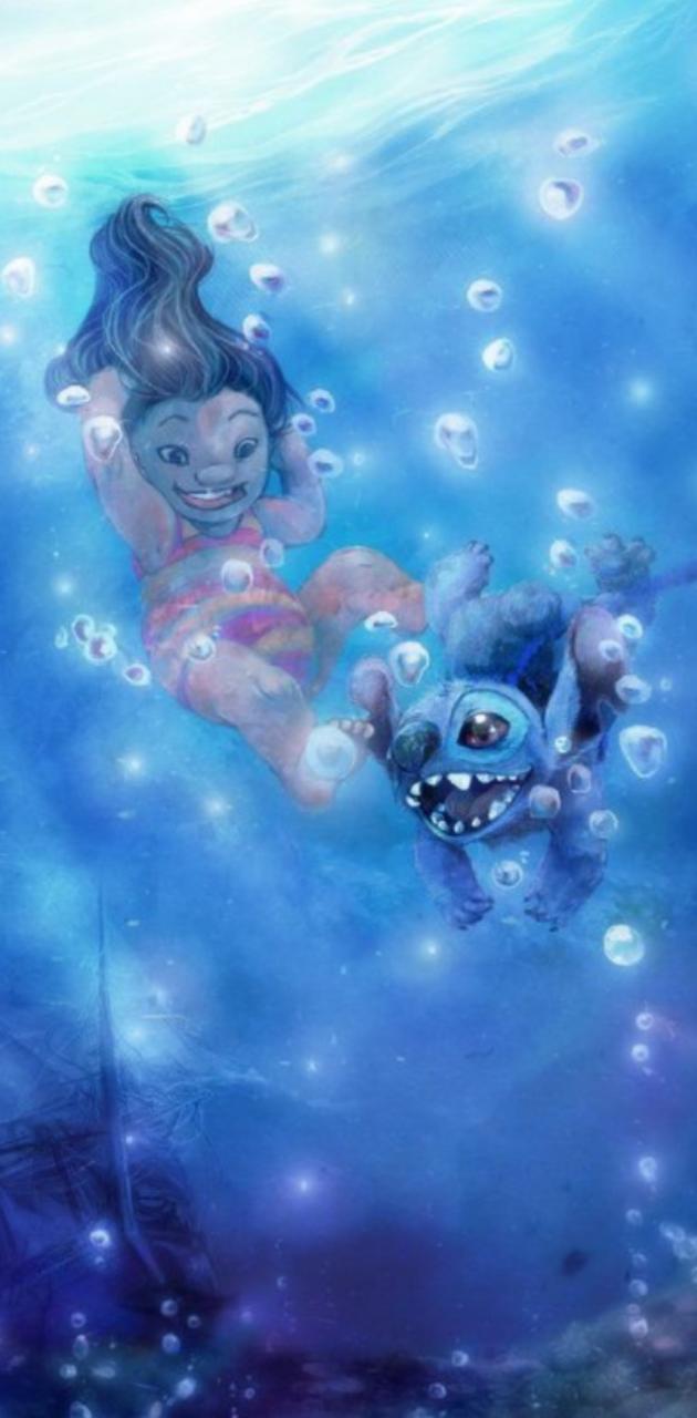 Lilo e Stitch nuotano sott'acqua, 630x1280 Verticale, Telefono