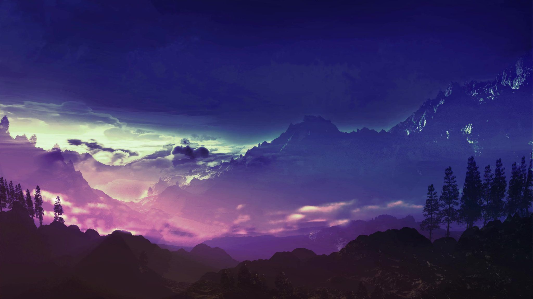 Montagne animate cielo notturno viola, sfondi Animati, 2048x1152 Hi-Res, Desktop