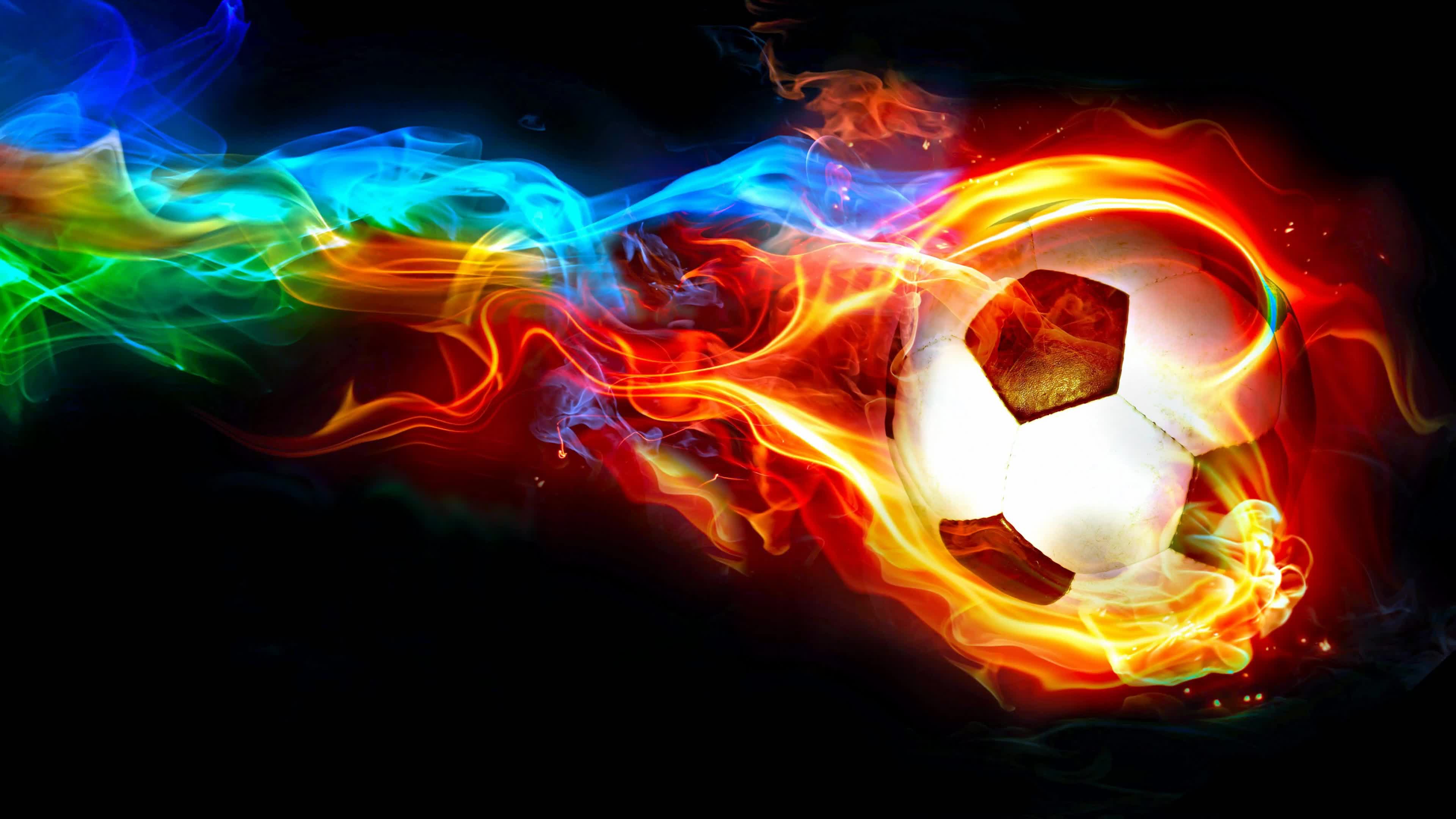Pallone da calcio con fiamme colorate, 3840x2160 4K, Monitor 4K
