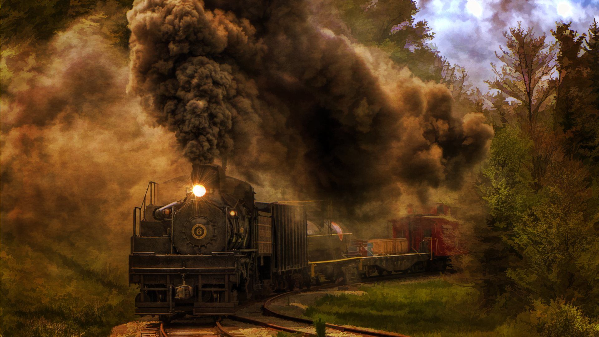 Locomotiva a vapore nera con fumo, 1920x1080 Full HD, PC Desktop