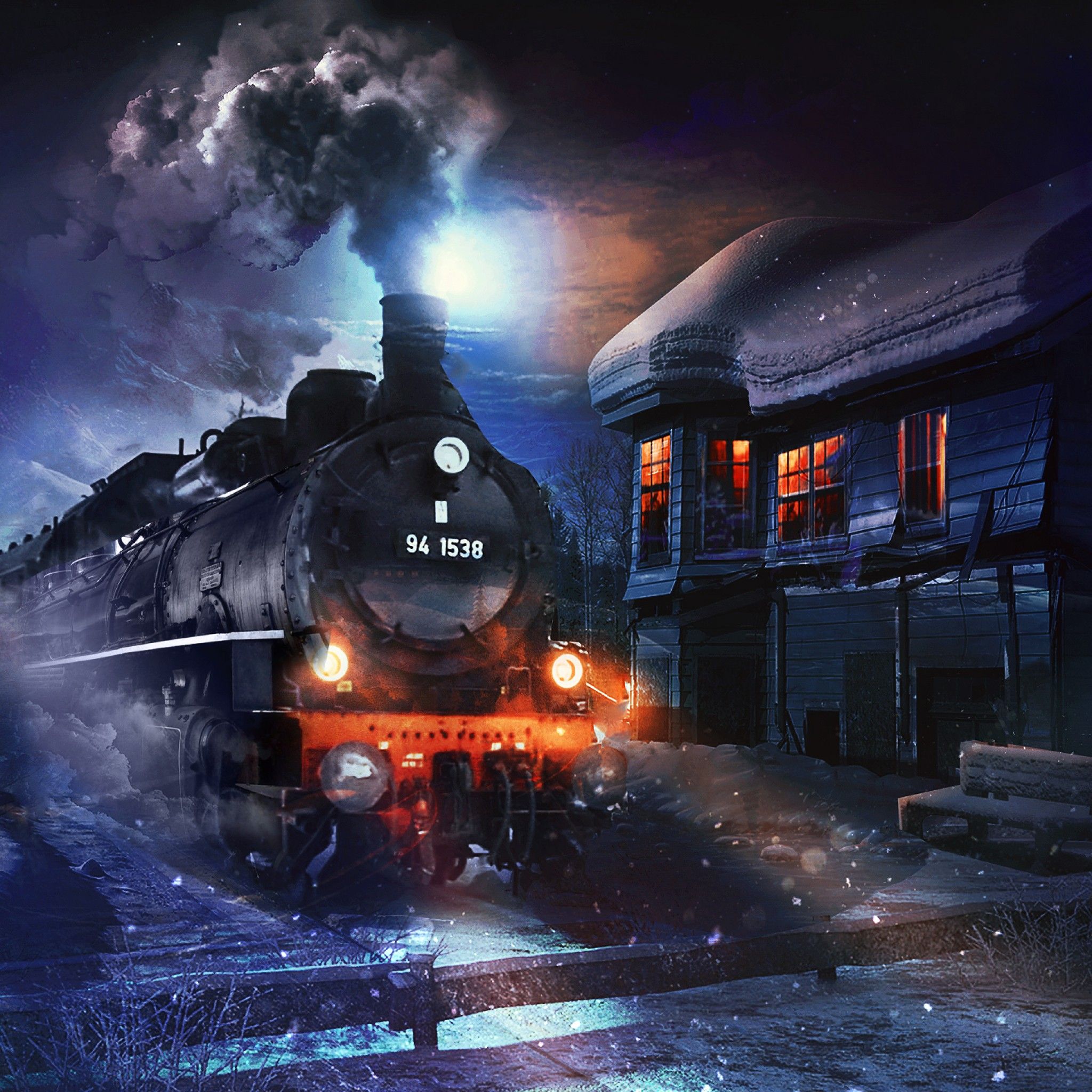 Locomotiva a vapore notturna neve, 2048x2048 2K, Desktop