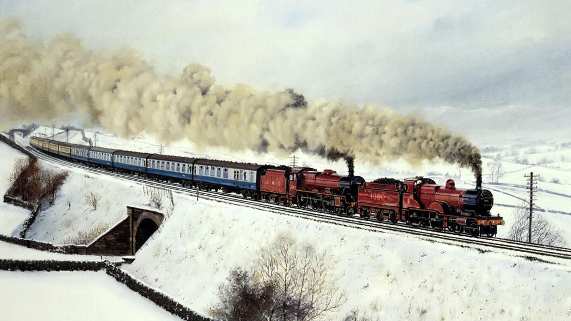 Locomotive a vapore rosse nella neve, 1920x1080 Full HD 1080p, PC Desktop