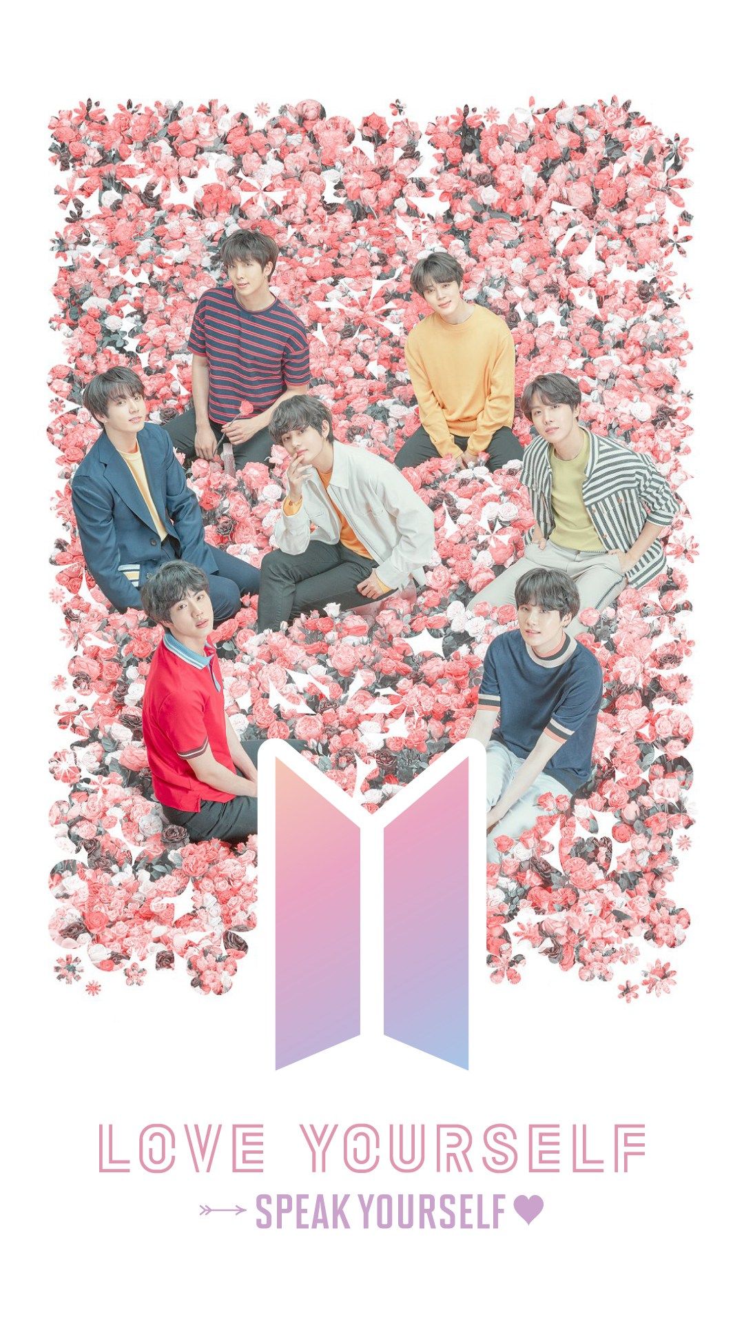BTS gruppo tra fiori rosa, 1080x1920 Full HD Verticale, Smartphone