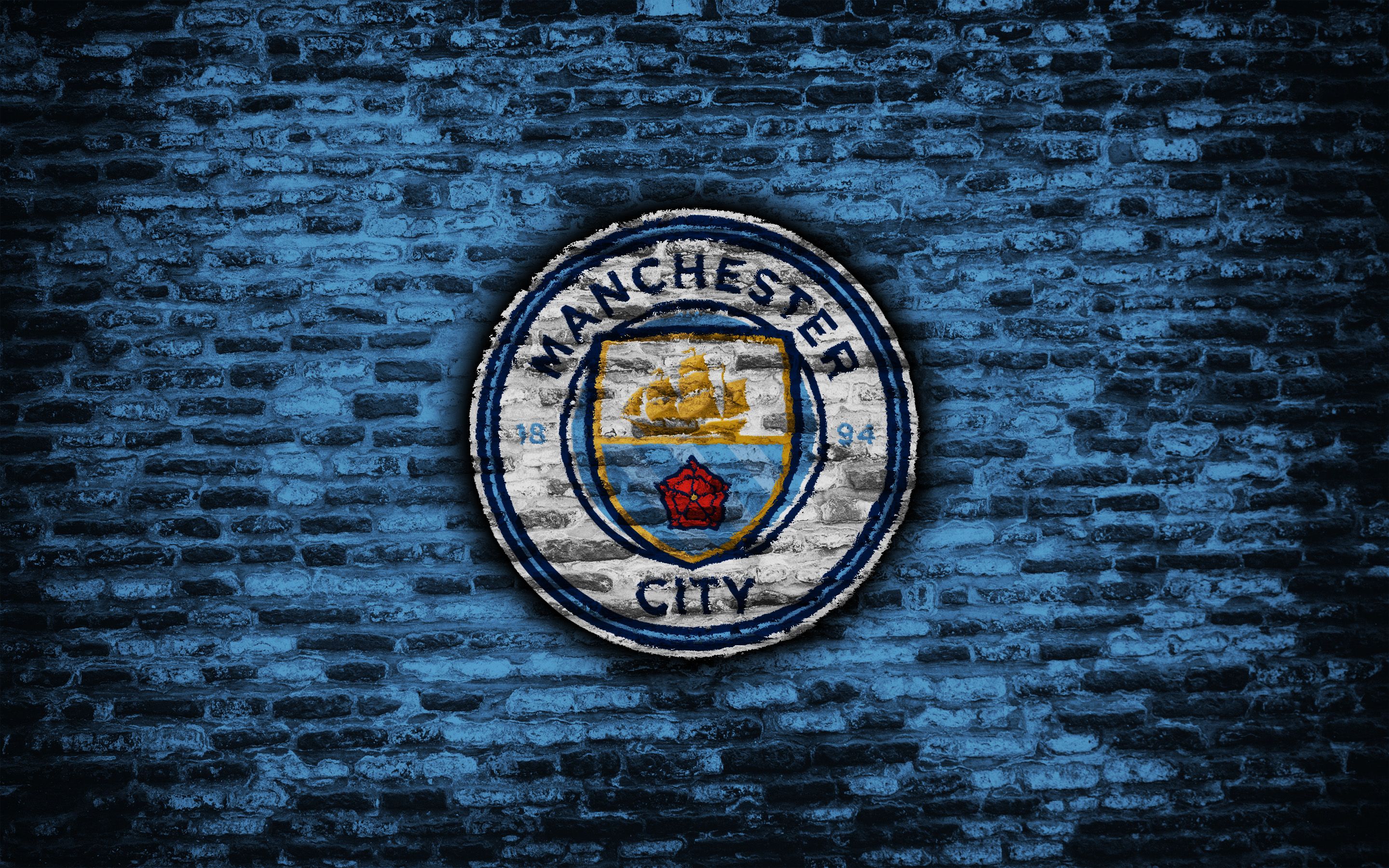 Logo Manchester City su muro, 2880x1800 2K+, Desktop