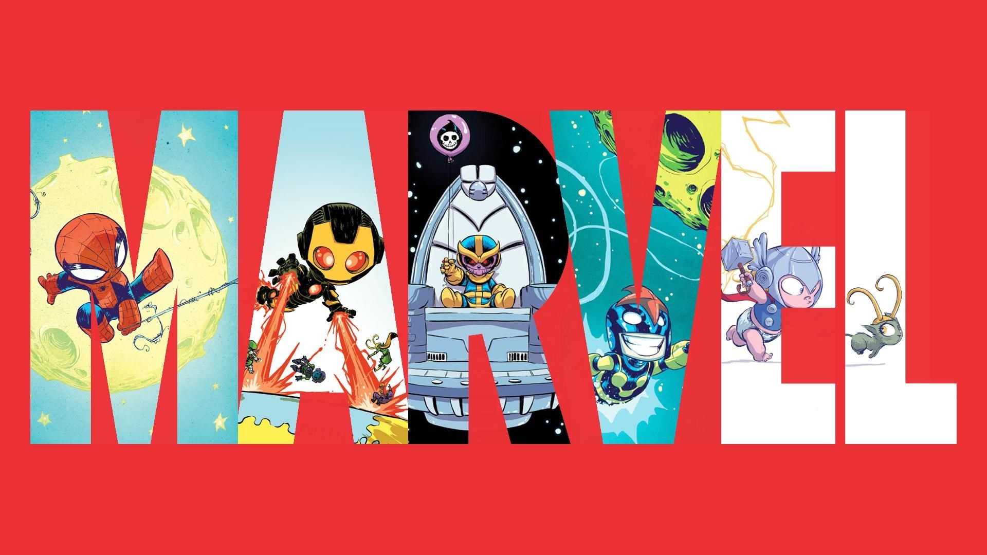 Logo Marvel con personaggi cartoon, 1920x1080 Full HD, Monitor Gaming