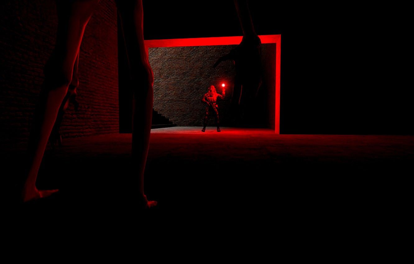 Figura oscura porta rossa luminosa, 1332x850 HD, Desktop