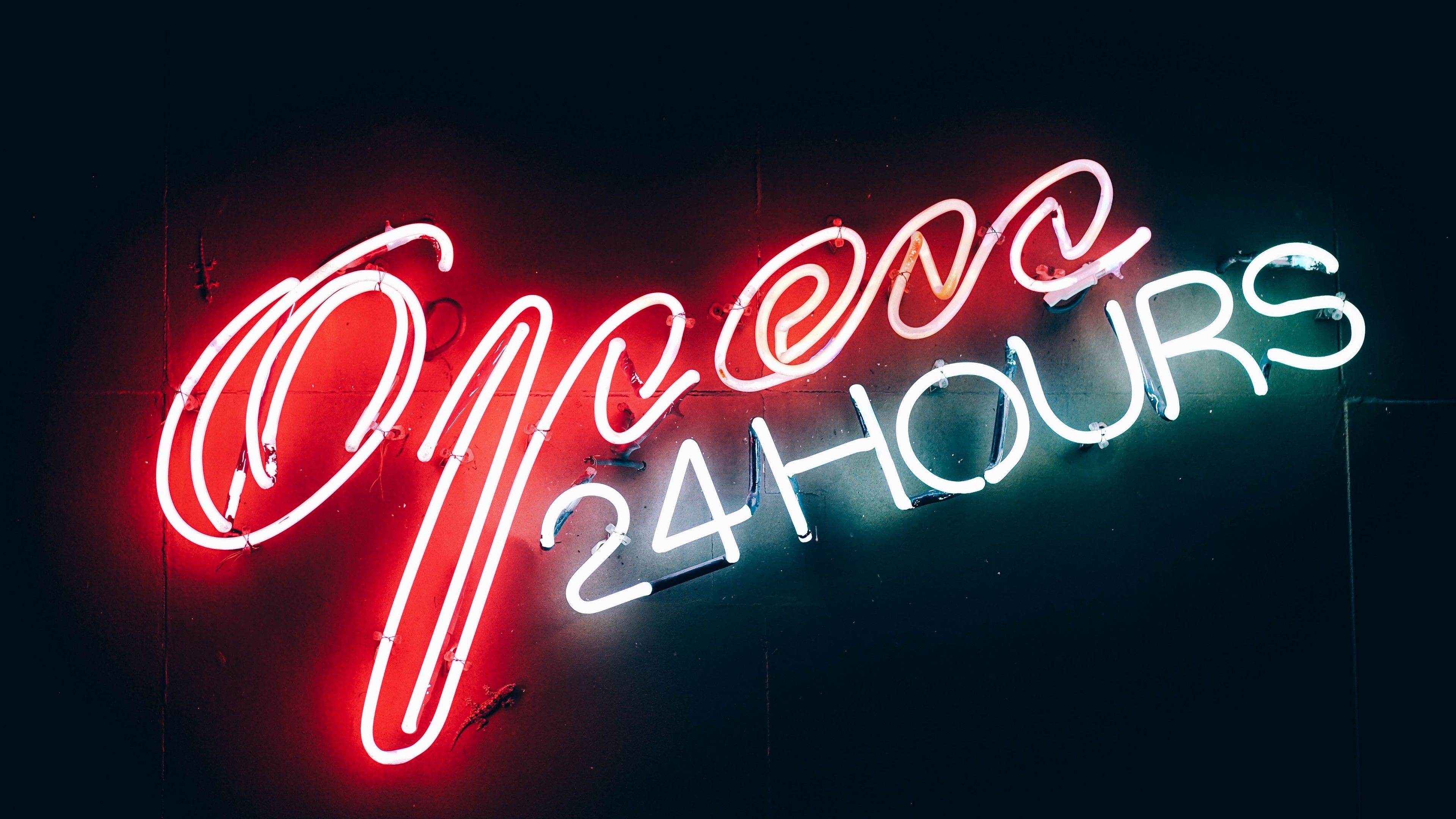 Insegna neon Open 24 Hours, 3840x2160 Ultra HD, Monitor 4K