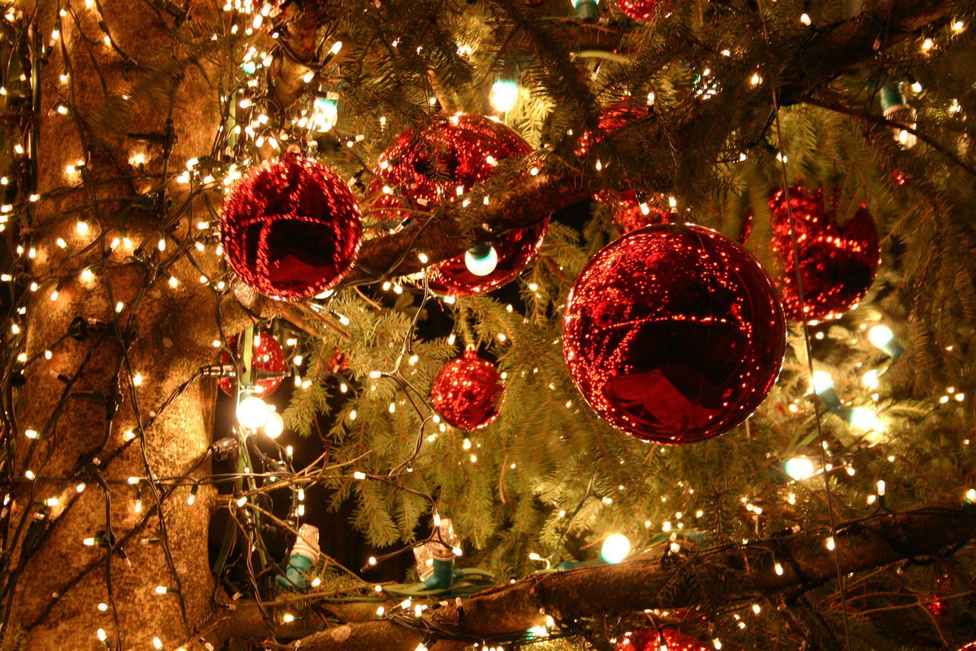 Palline rosse e luci natalizie, 1920x1280 Full HD+ WUXGA, PC Desktop