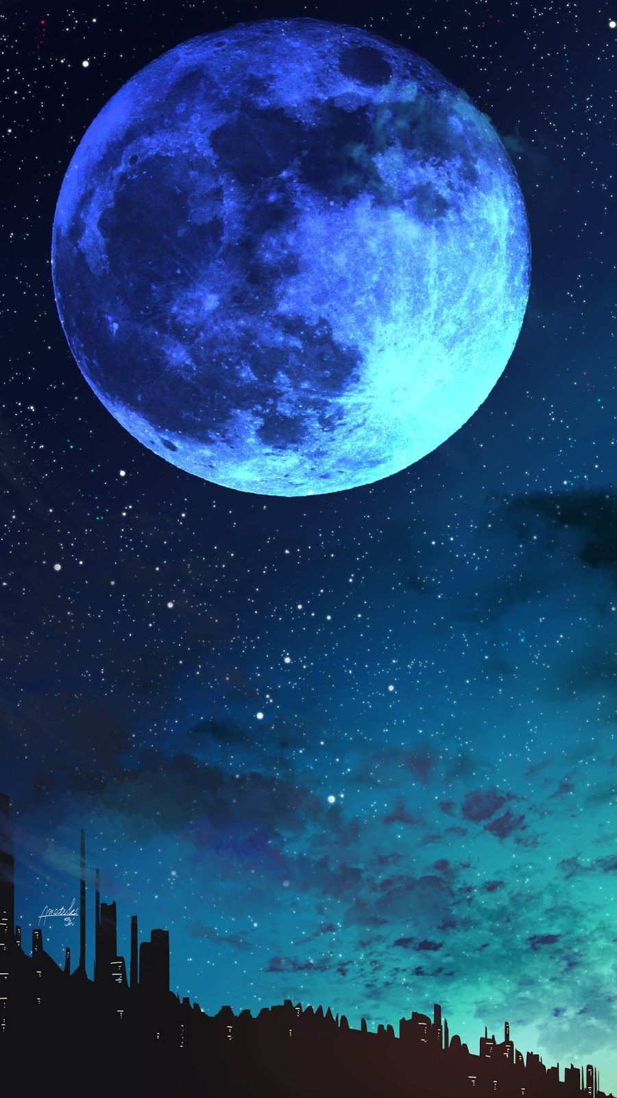 Luna blu su città, 900x1600 Full HD Verticale, iPhone