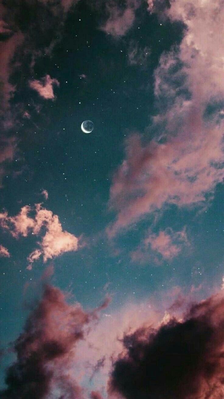 Luna crescente tra nuvole rosa, 736x1308 Verticale, iPhone Pro