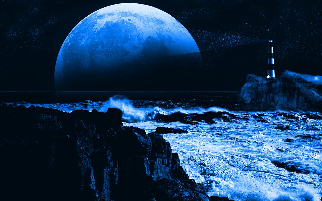 Luna blu su oceano notturno, 1280x800 720p, Laptop