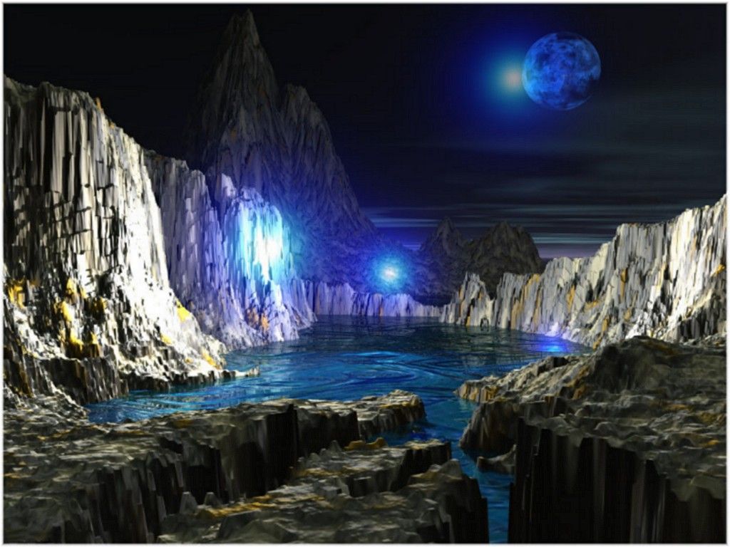 Luna blu paesaggio fantasy roccioso, 1024x768 HD, PC Desktop