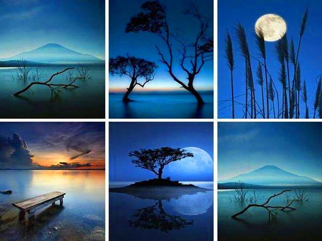 Collage paesaggi notturni luna blu, 1024x768 HD, PC
