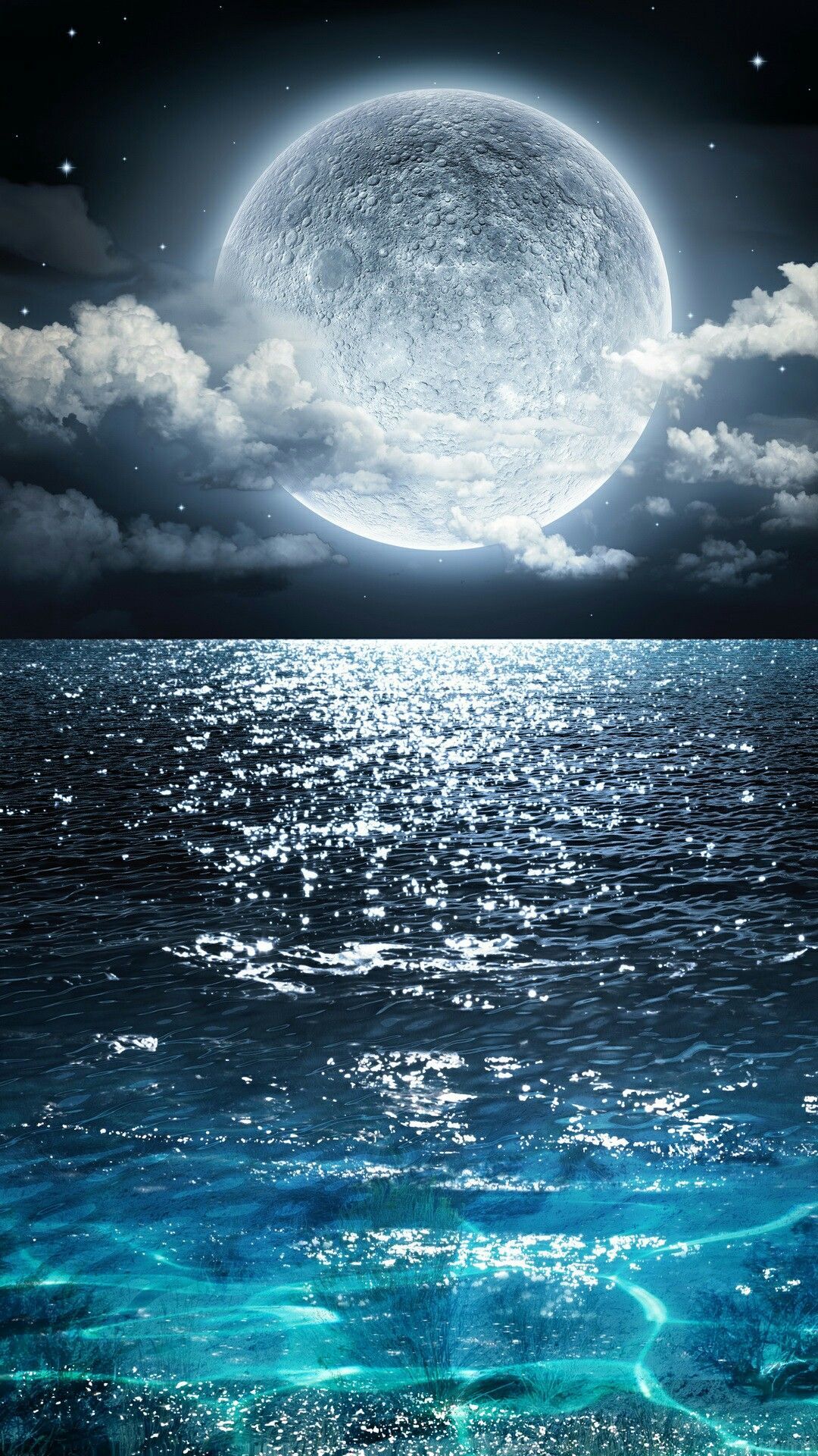 Luna piena su oceano notturno, 1080x1920 Verticale, iPhone Plus