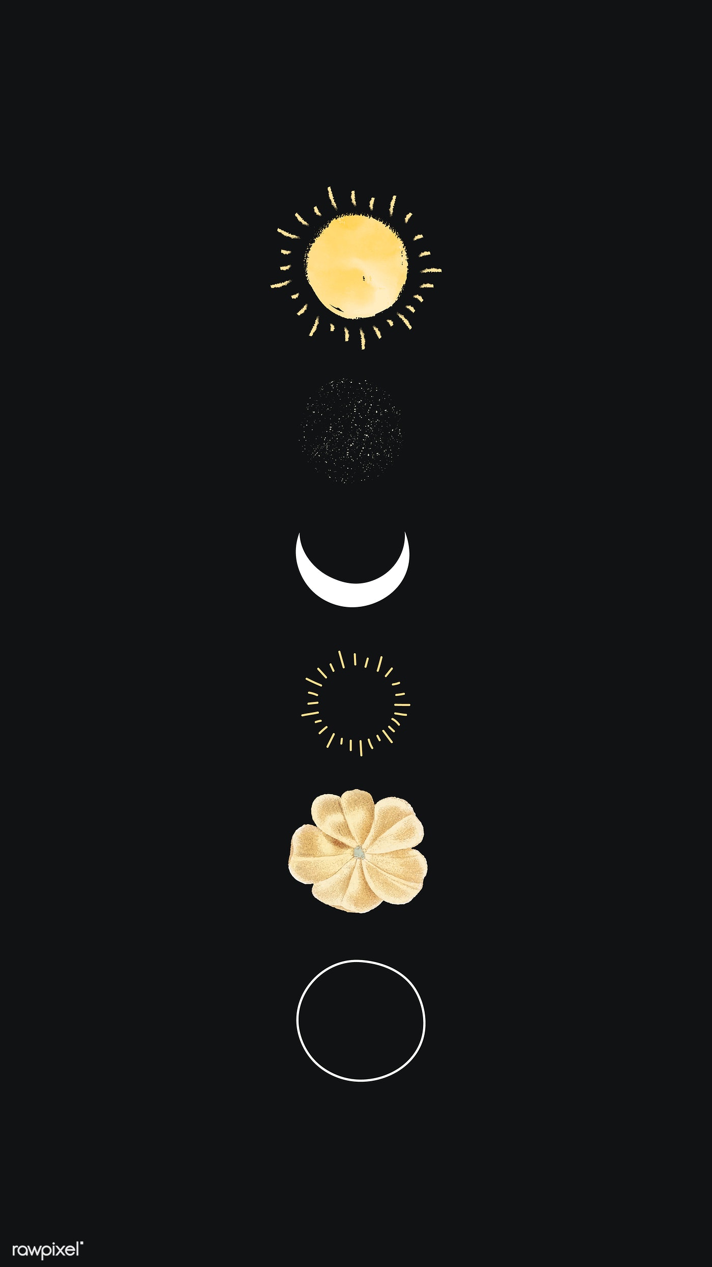 Sole luna fiore boho nero, 1400x2489 Verticale, Telefono