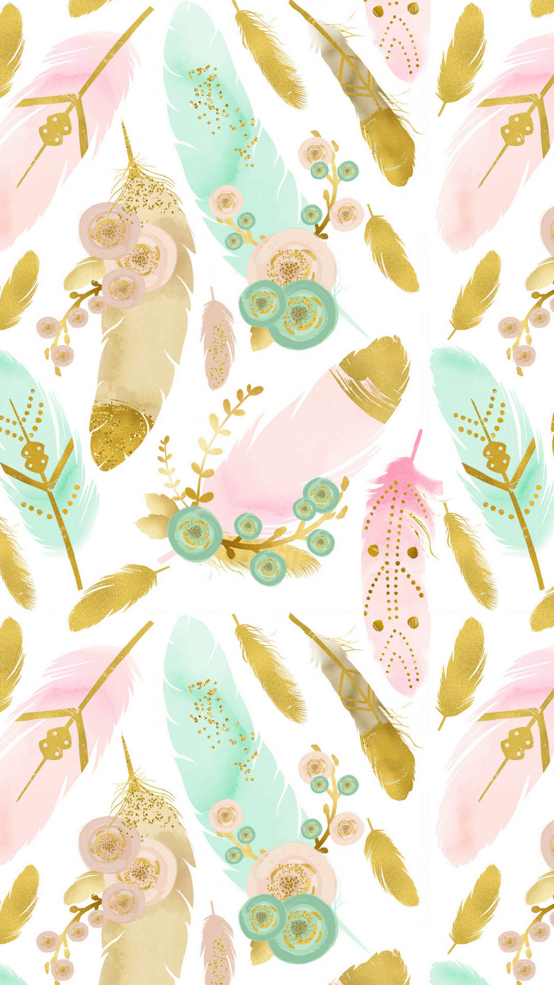 Piume boho rosa menta oro, 1080x1920 Verticale, Telefono