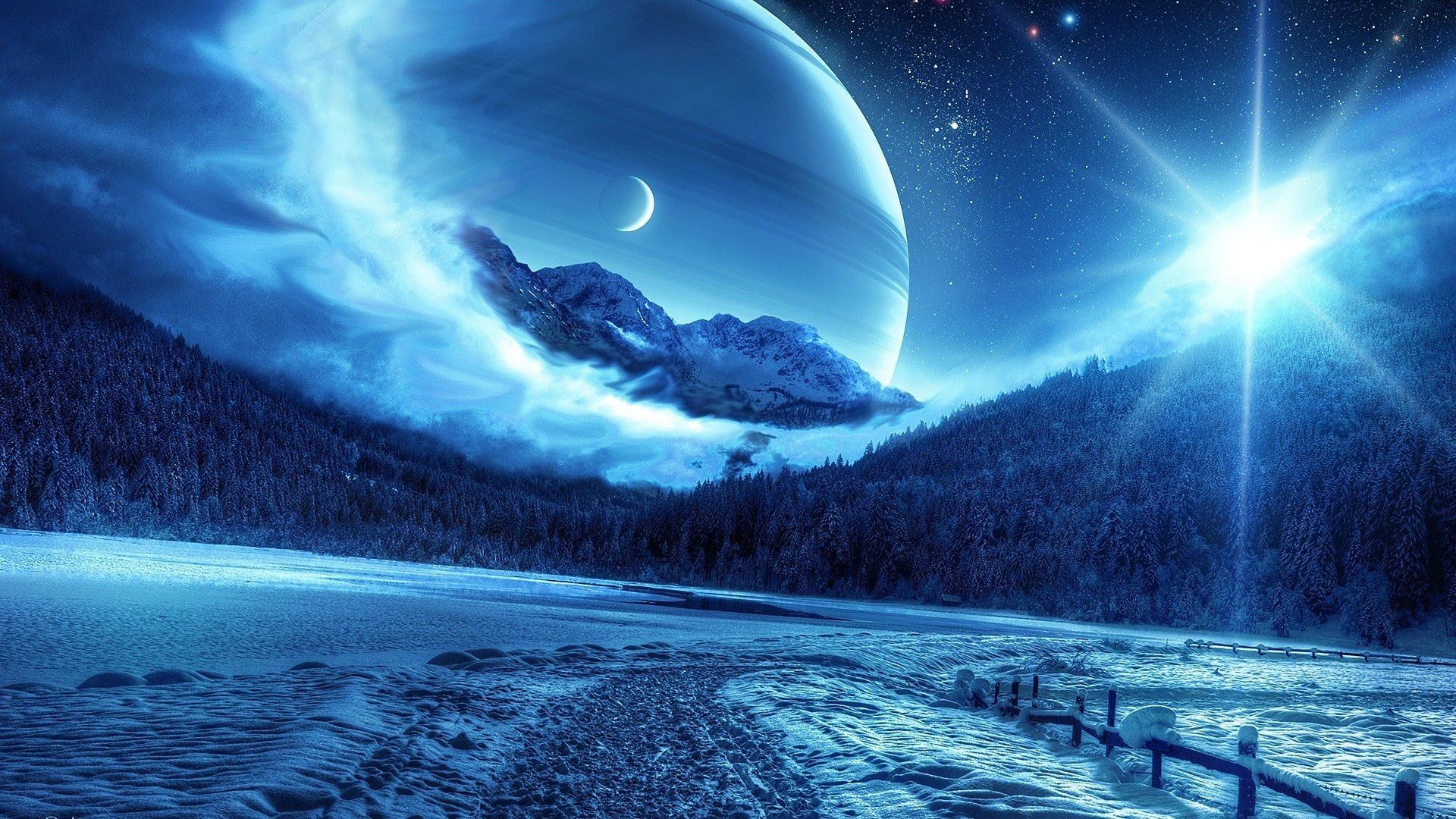 Luna e pianeta su neve notturna, 1920x1080 Full HD 1080p, Desktop