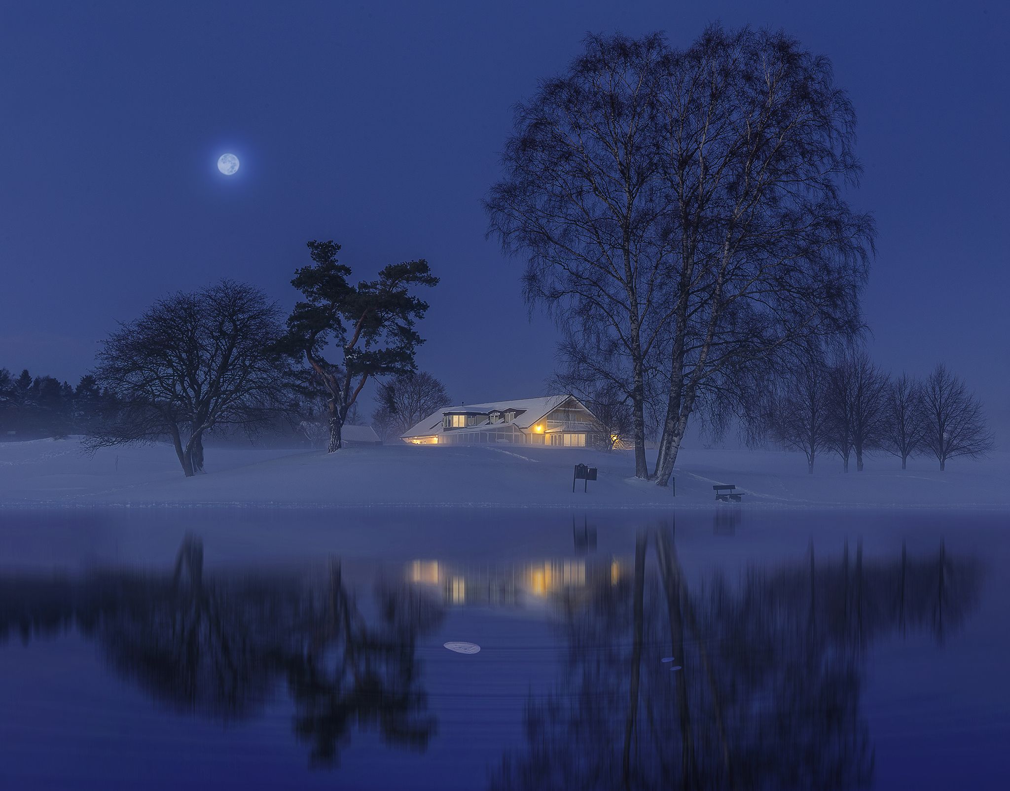 Casa notte inverno luna neve, 2048x1604 alta risoluzione, iMac
