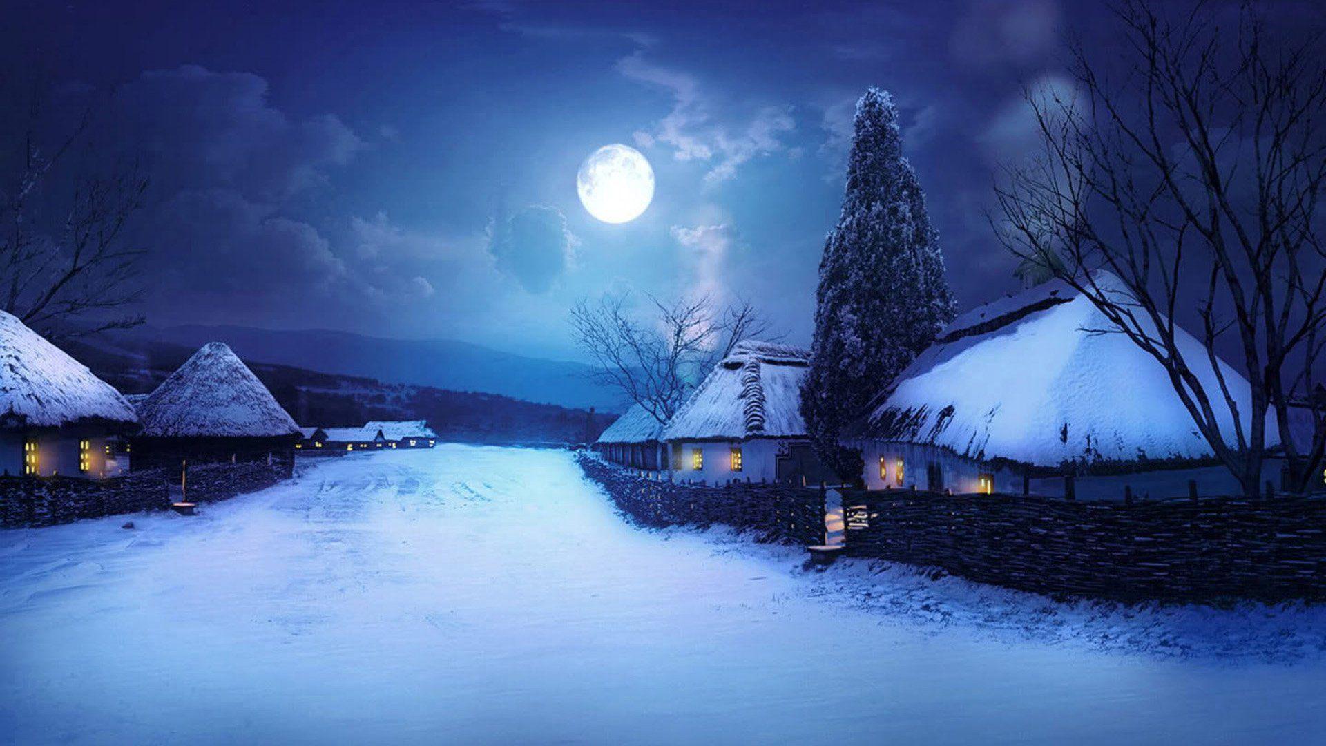 Villaggio innevato sotto luna piena, 1920x1080 1080p, PC Desktop