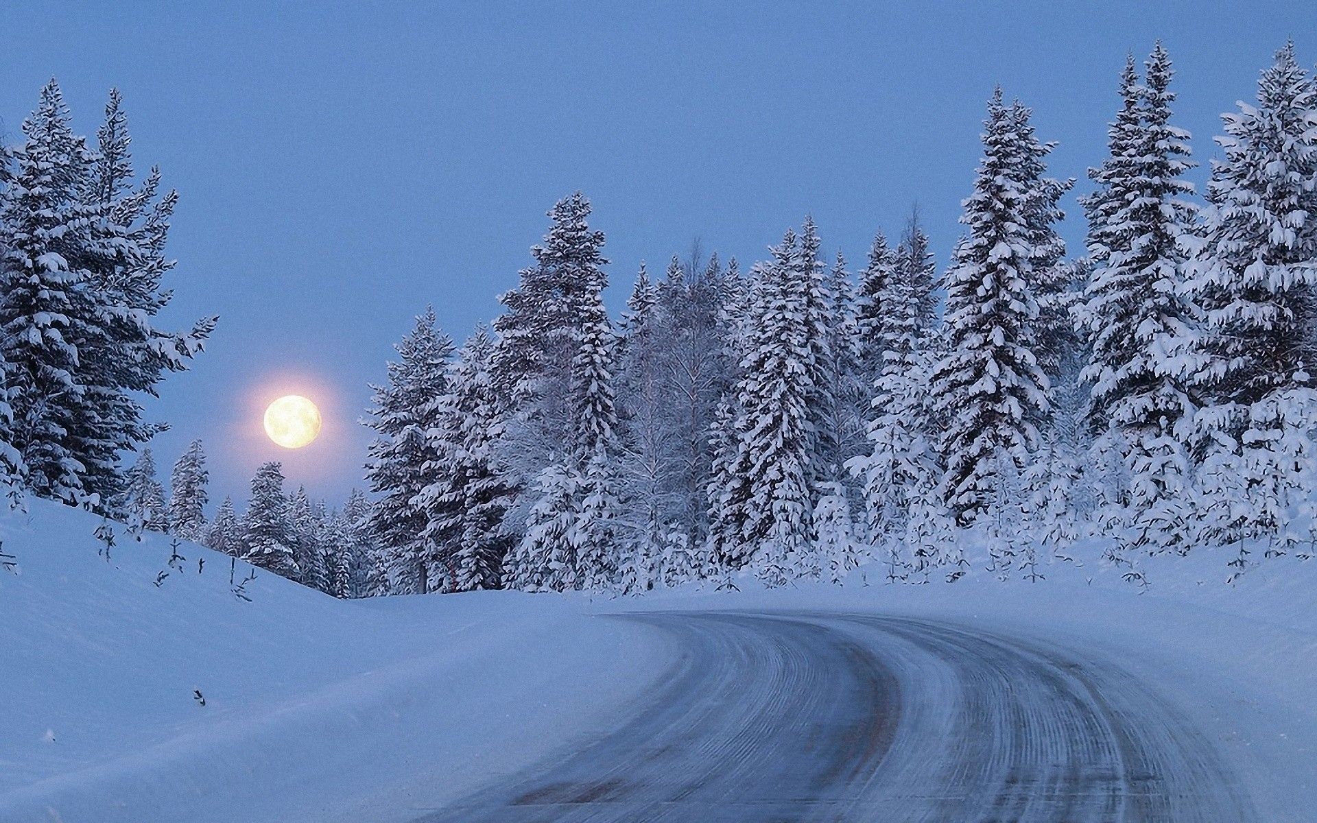 Luna piena su strada innevata, 1920x1200 Full HD+, PC Desktop