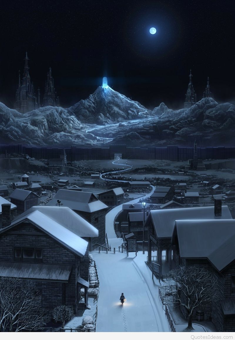Villaggio innevato notturno con luna, 800x1158 Verticale, Telefono