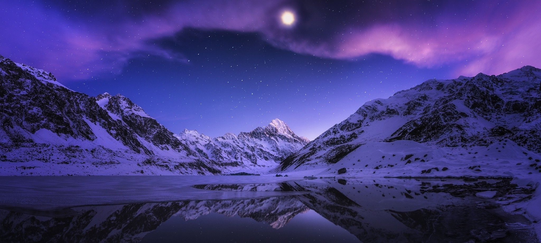 Luna piena su montagne innevate, 2048x921 Panoramico, PC Desktop