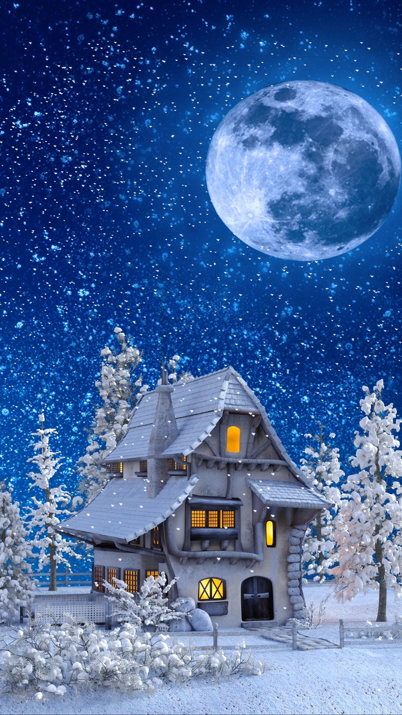 Casa innevata con luna piena, 1350x2400 Full HD Verticale, Smartphone