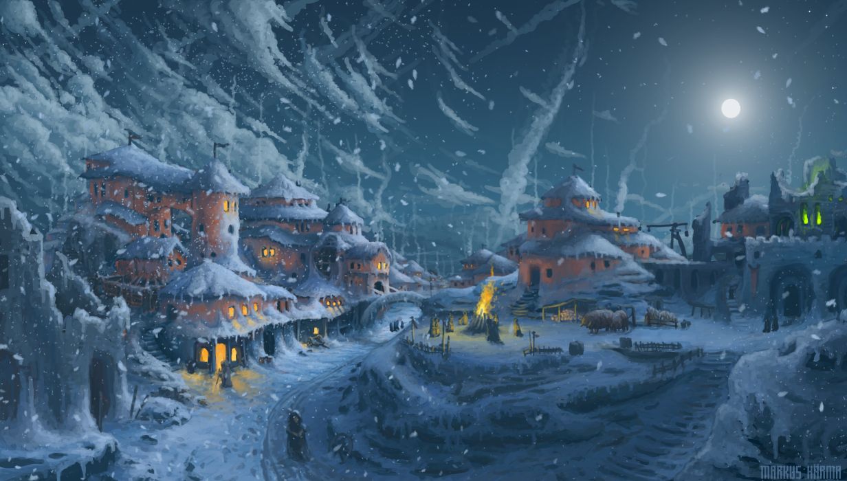 villaggio innevato notturno con luna, 1232x700 HD, Desktop
